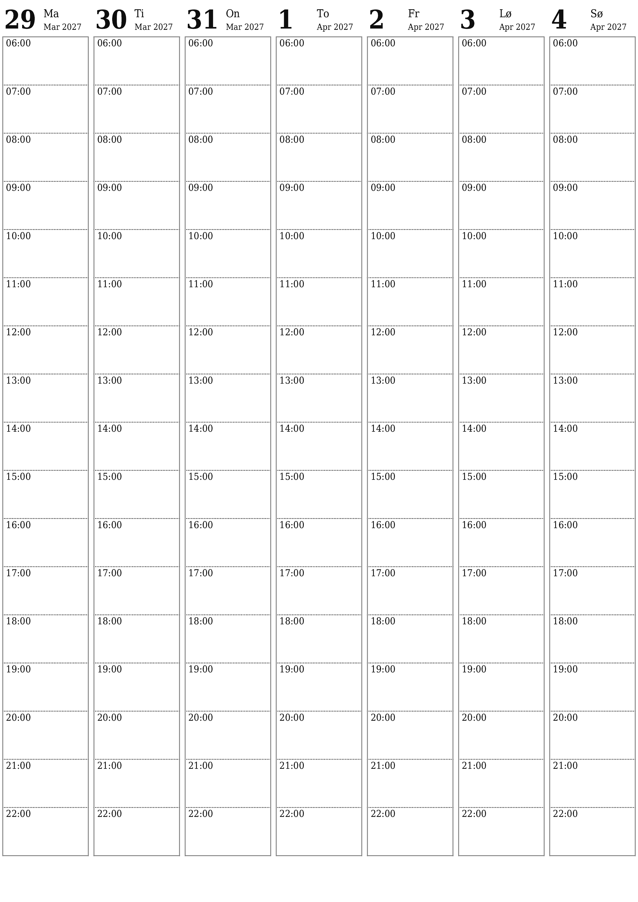 Tøm ukentlig planlegger i uker April 2027 med notater, lagre og skriv ut i PDF PNG Norwegian