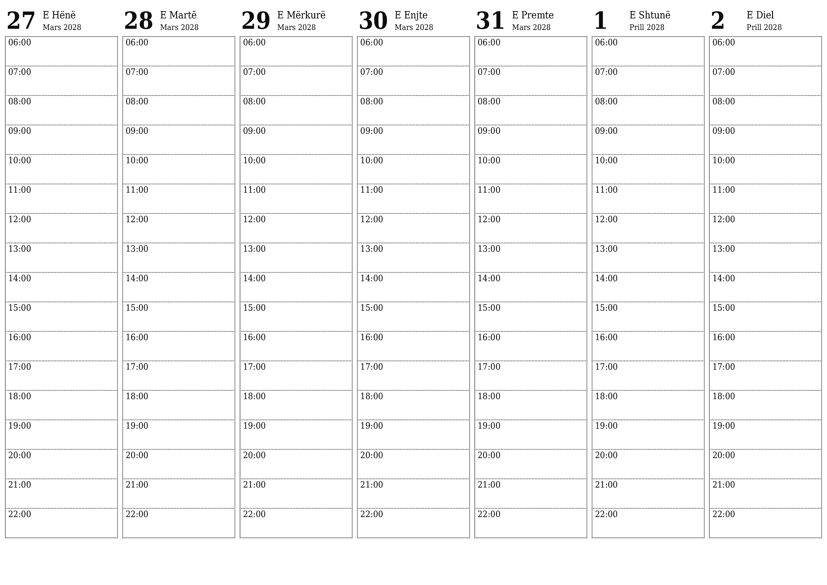 Planifikuesi bosh javor i kalendarit për javë Prill 2028 me shënime, ruani dhe printoni në PDF PNG Albanian