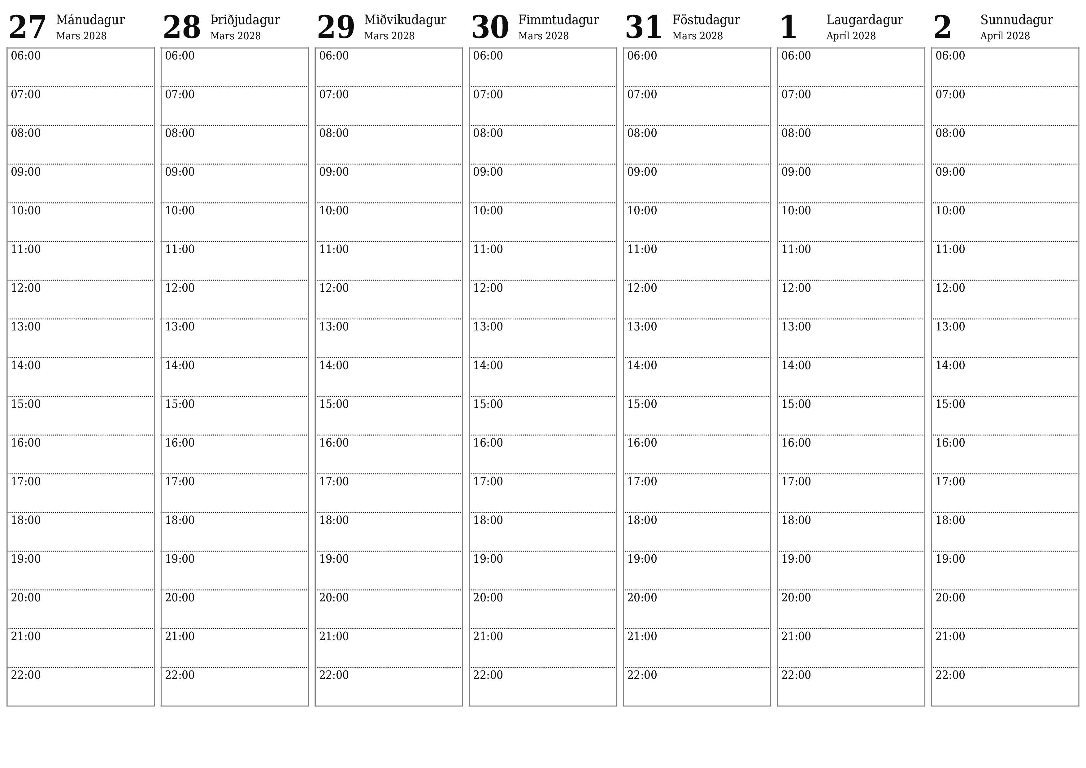 Tómur vikulegur skipuleggjandi vikum saman Apríl 2028 með athugasemdum, vistaðu og prentaðu á PDF PNG Icelandic