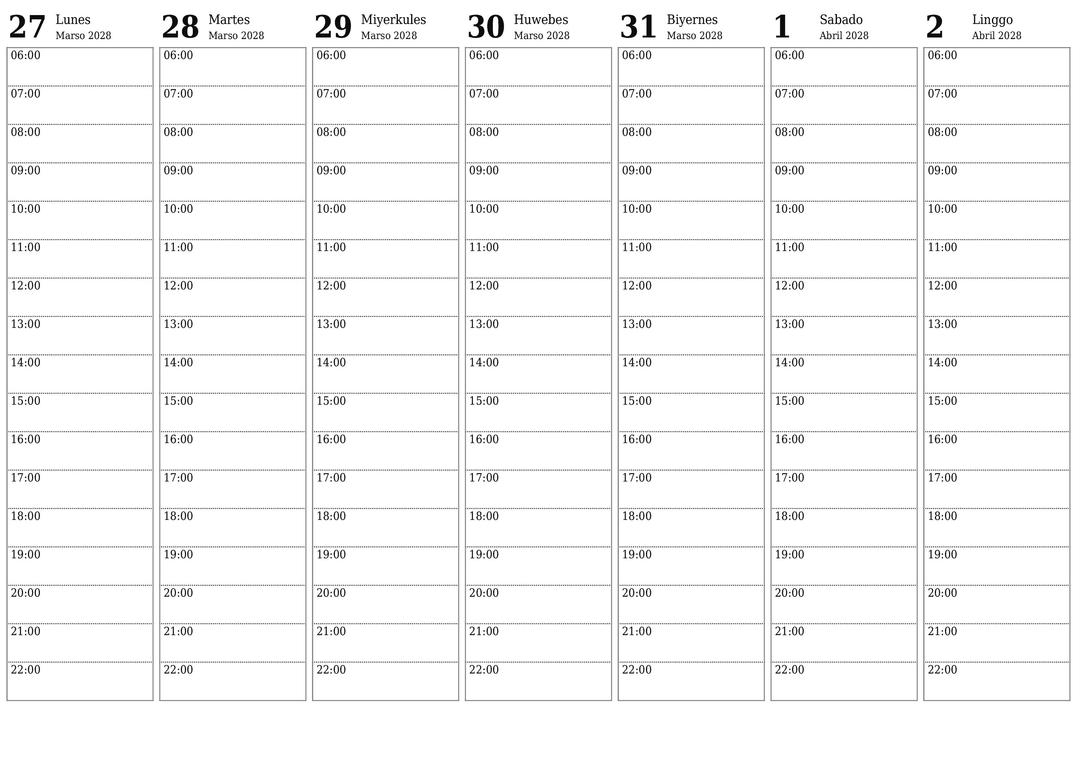 Walang laman lingguhang tagaplano para sa mga linggo Abril 2028 na may mga tala, i-save at i-print sa PDF PNG Filipino