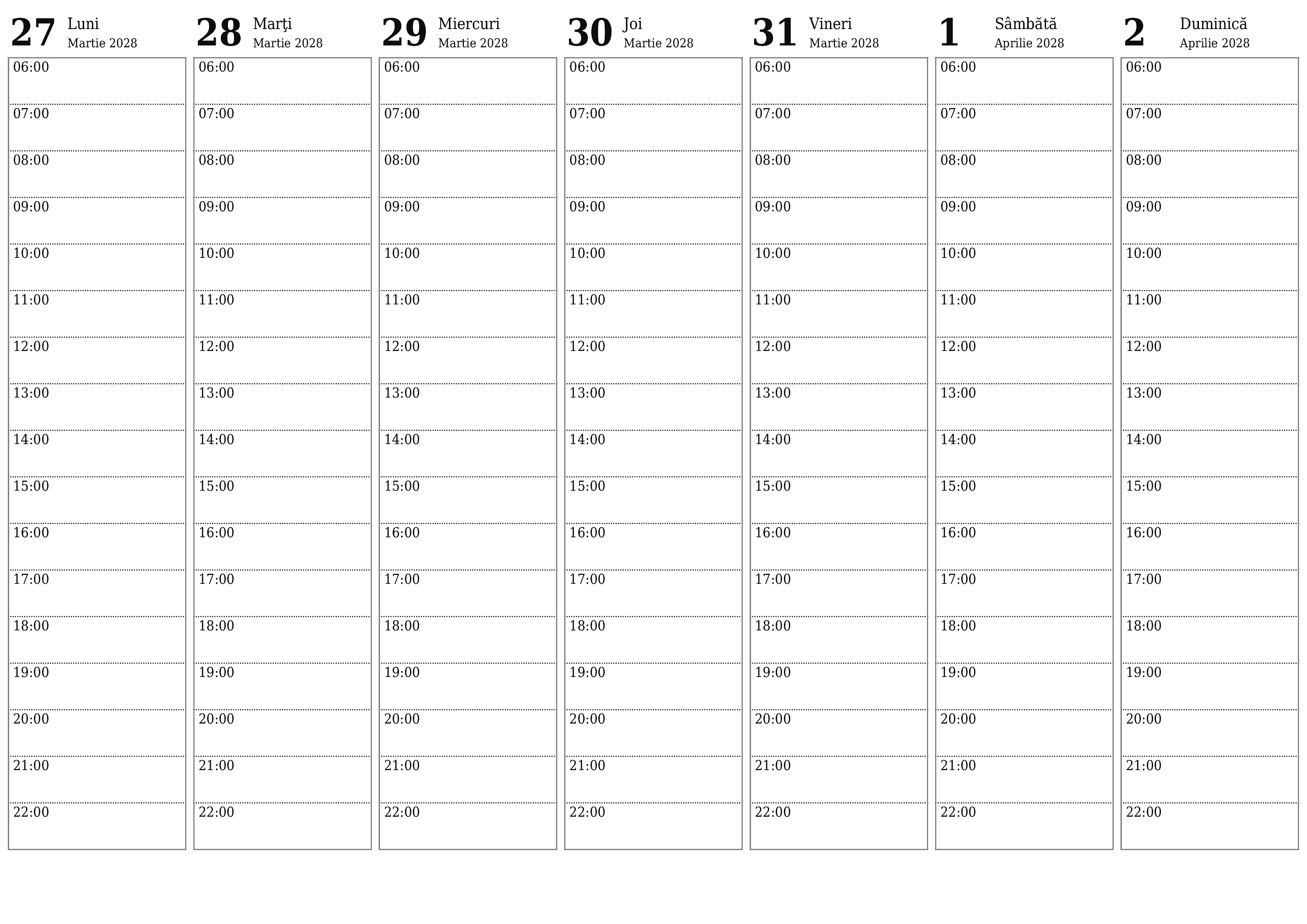 Planificator săptămânal gol pentru săptămâni Aprilie 2028 cu note, salvați și tipăriți în PDF PNG Romanian