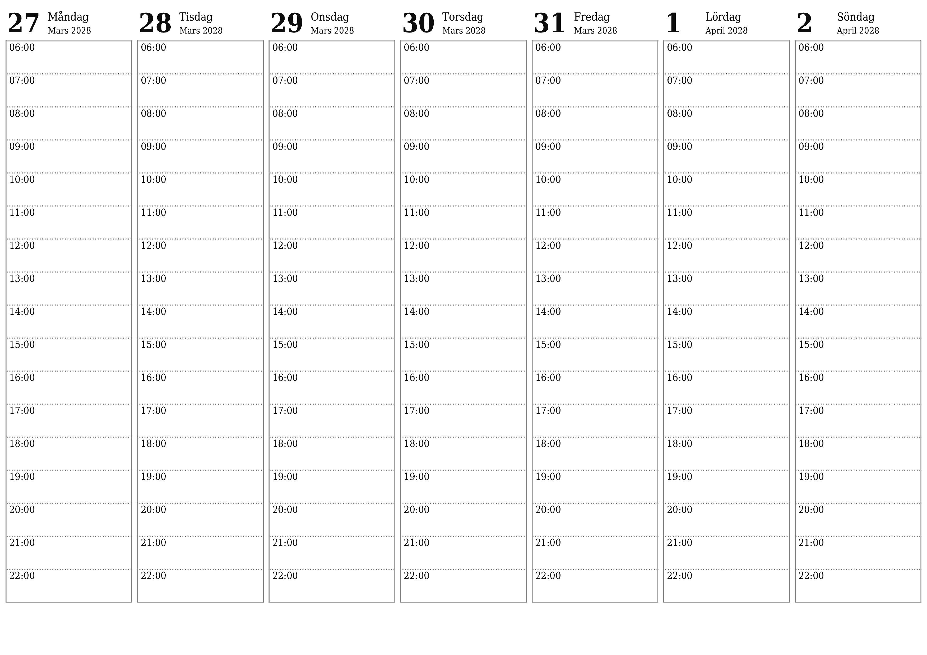 Töm veckoplaneraren i veckor April 2028 med anteckningar, spara och skriv ut till PDF PNG Swedish