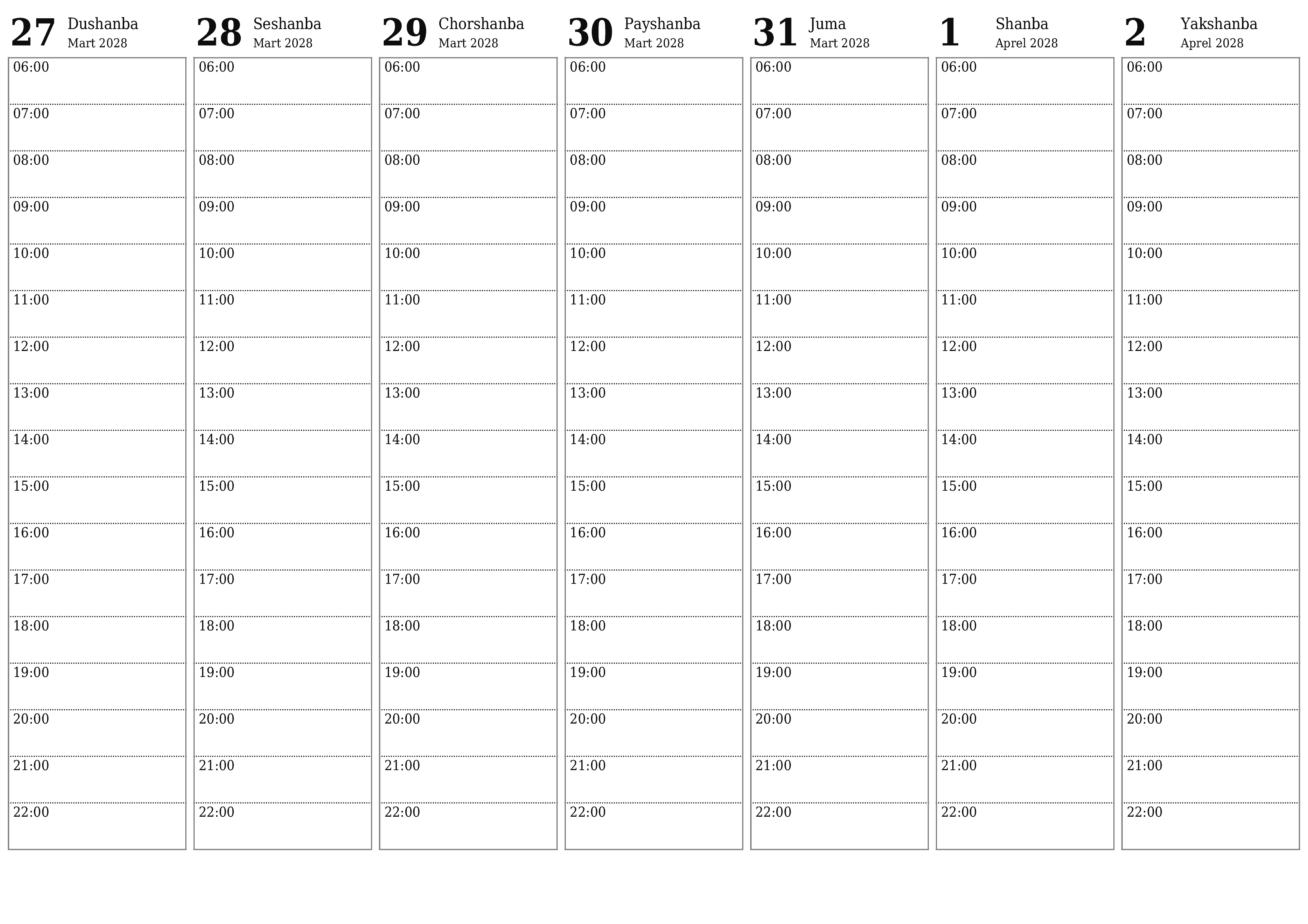 Haftalik rejalashtiruvchi Aprel 2028 haftalar uchun yozuvlar bilan bo'shatib, saqlang va PDF-ga chop eting PNG Uzbek