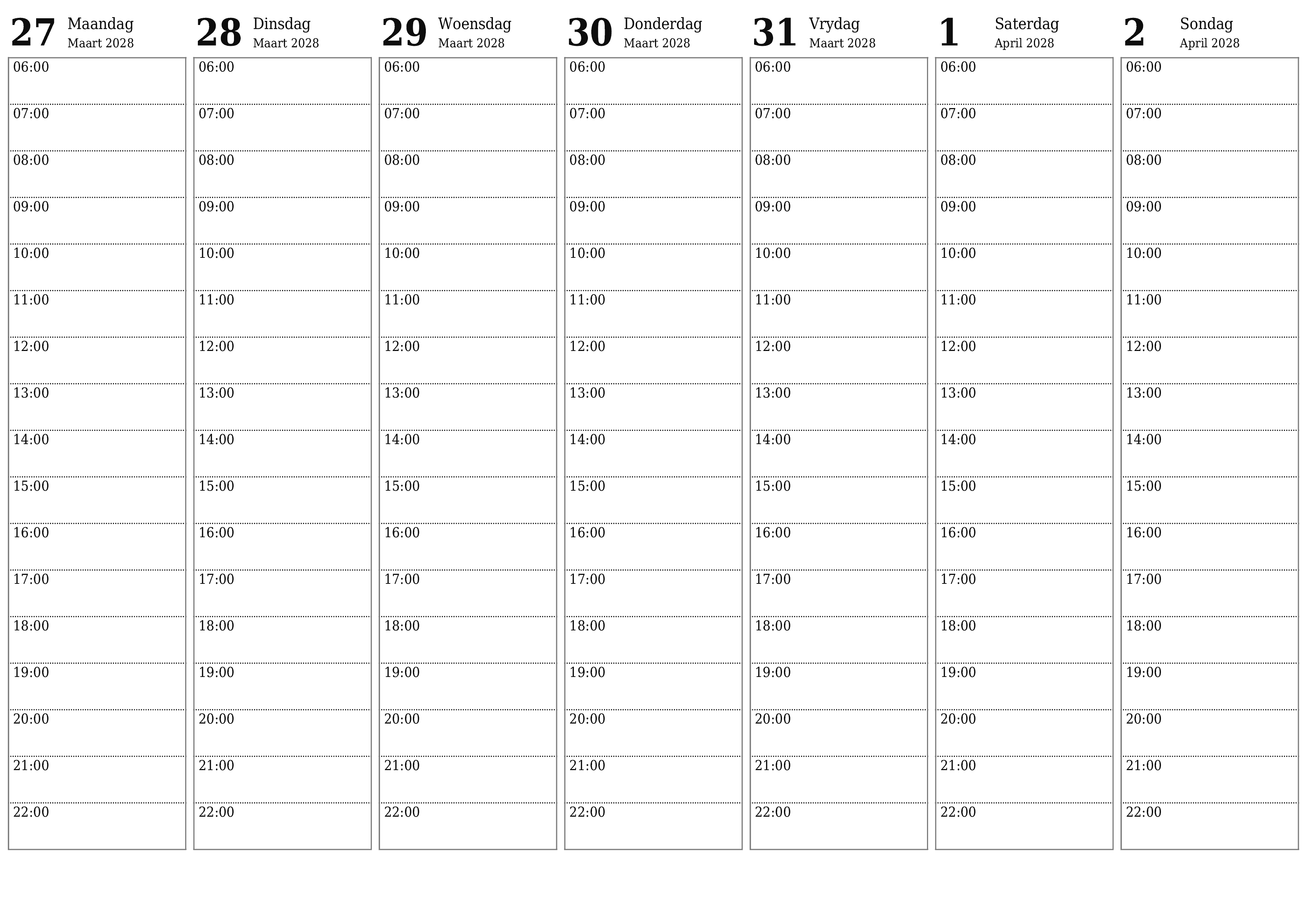 Leë weeklikse drukbare kalender en beplanner vir week April 2028 met notas, stoor en druk na PDF PNG Afrikaans