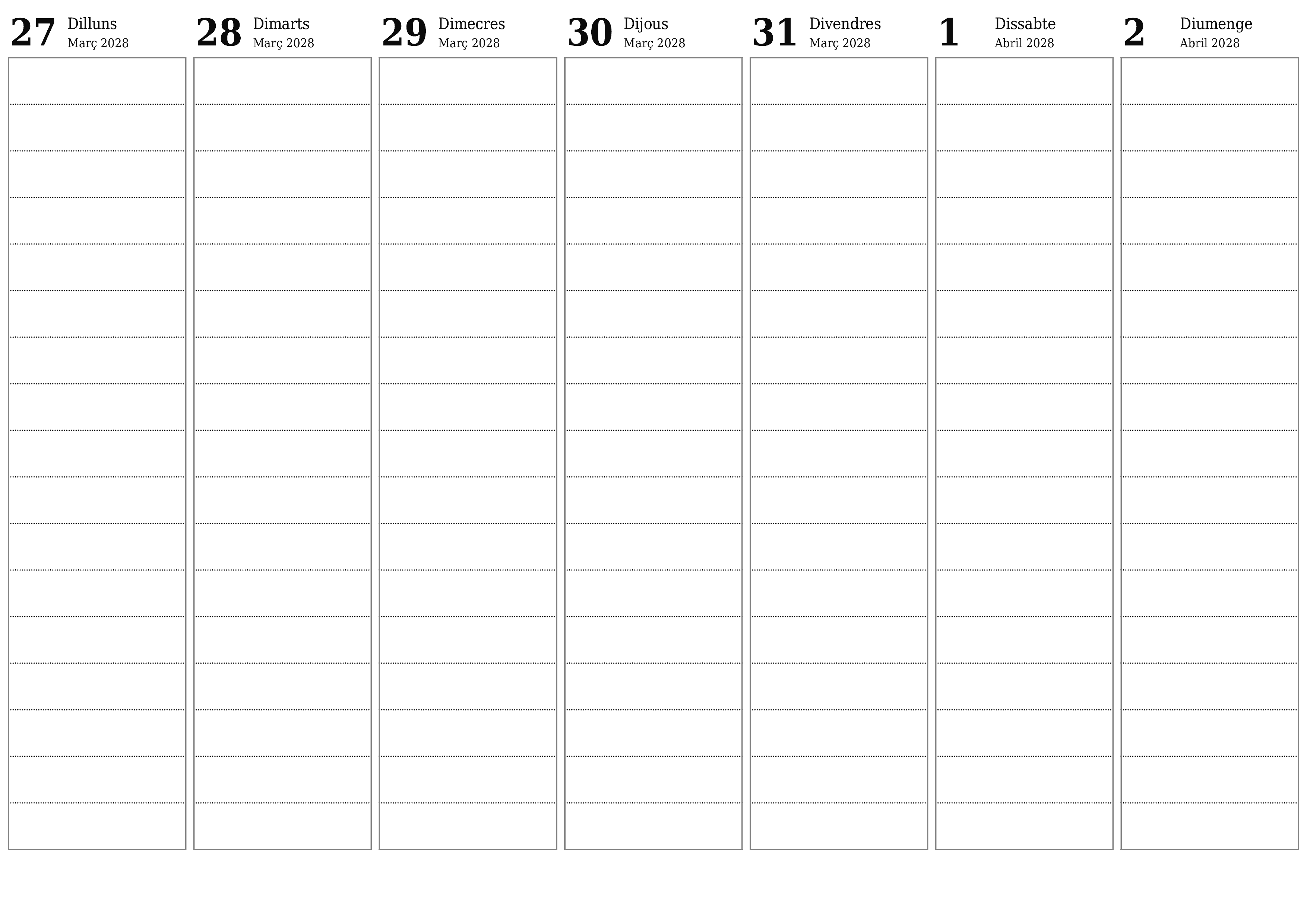 Planificador setmanal buit durant setmanes Abril 2028 amb notes, deseu-lo i imprimiu-lo en format PDF PNG Catalan