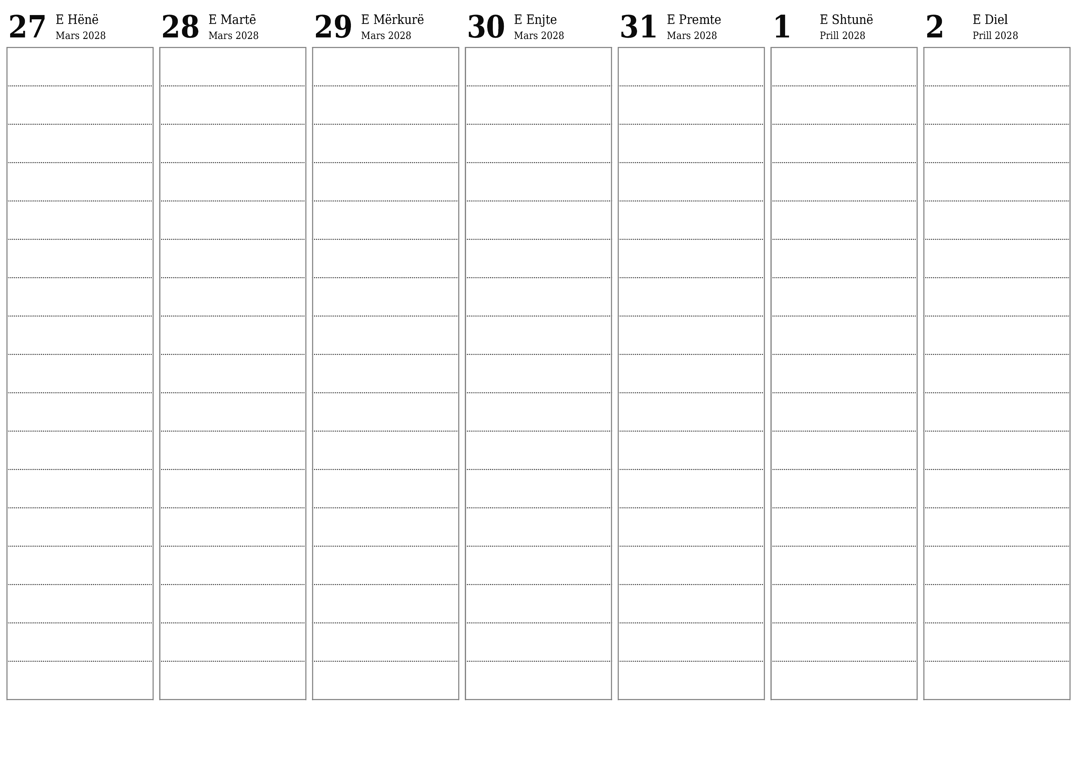 Planifikuesi bosh javor i kalendarit për javë Prill 2028 me shënime, ruani dhe printoni në PDF PNG Albanian