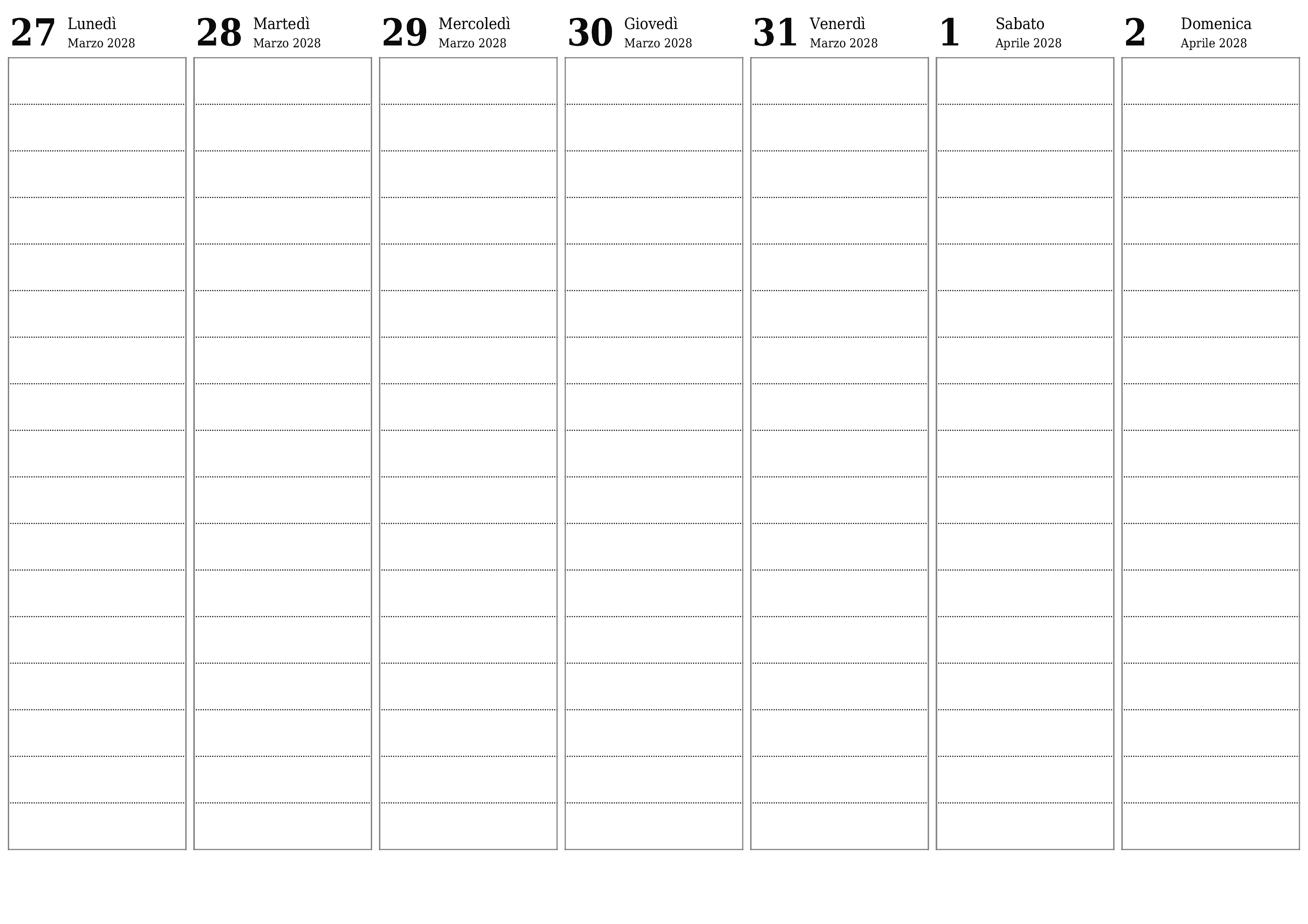 Agenda settimanale vuota per settimane Aprile 2028 con note, salva e stampa in PDF PNG Italian