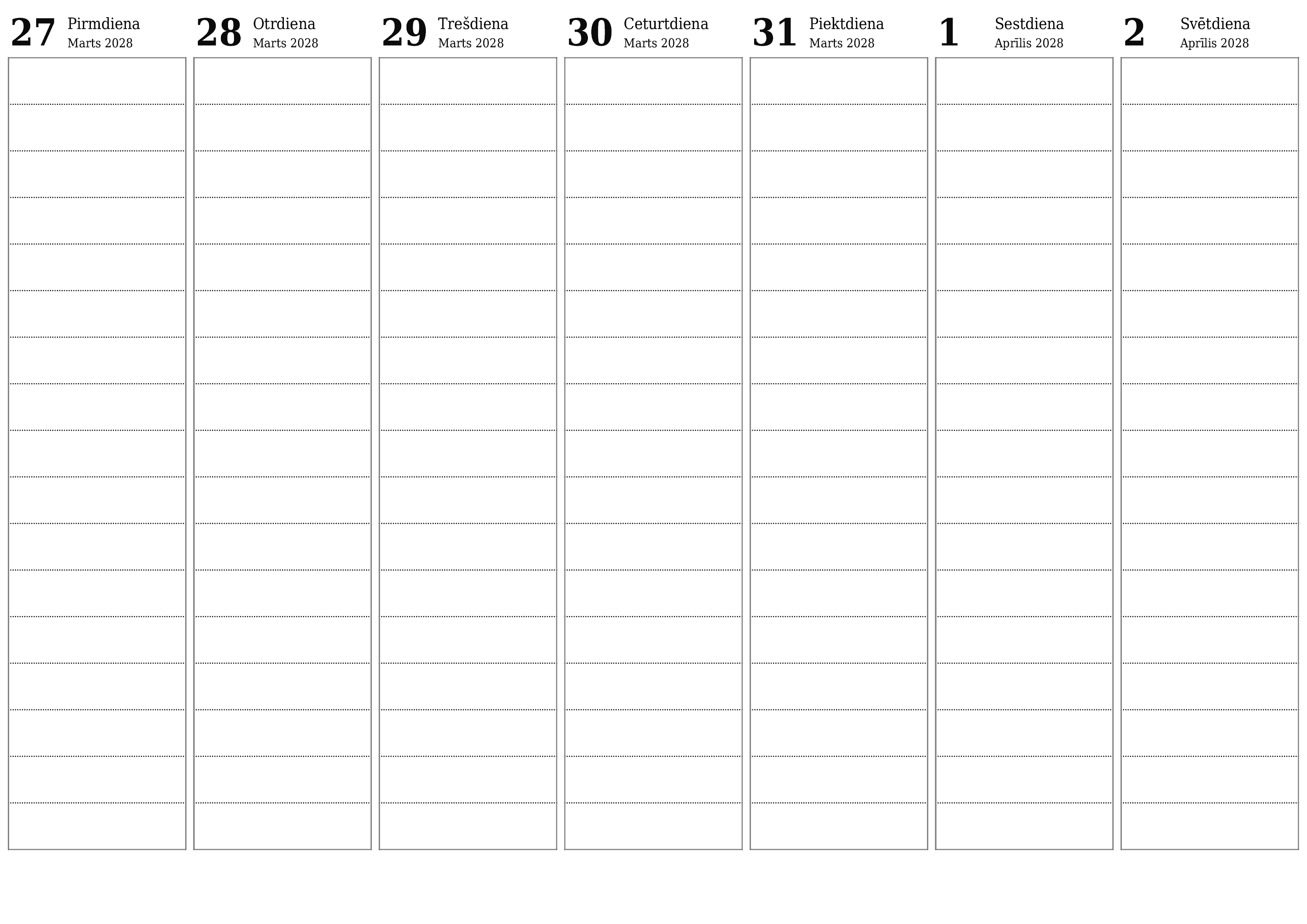 Iztukšojiet nedēļas plānotāju nedēļām Aprīlis 2028 ar piezīmēm, saglabājiet un izdrukājiet PDF formātā PNG Latvian