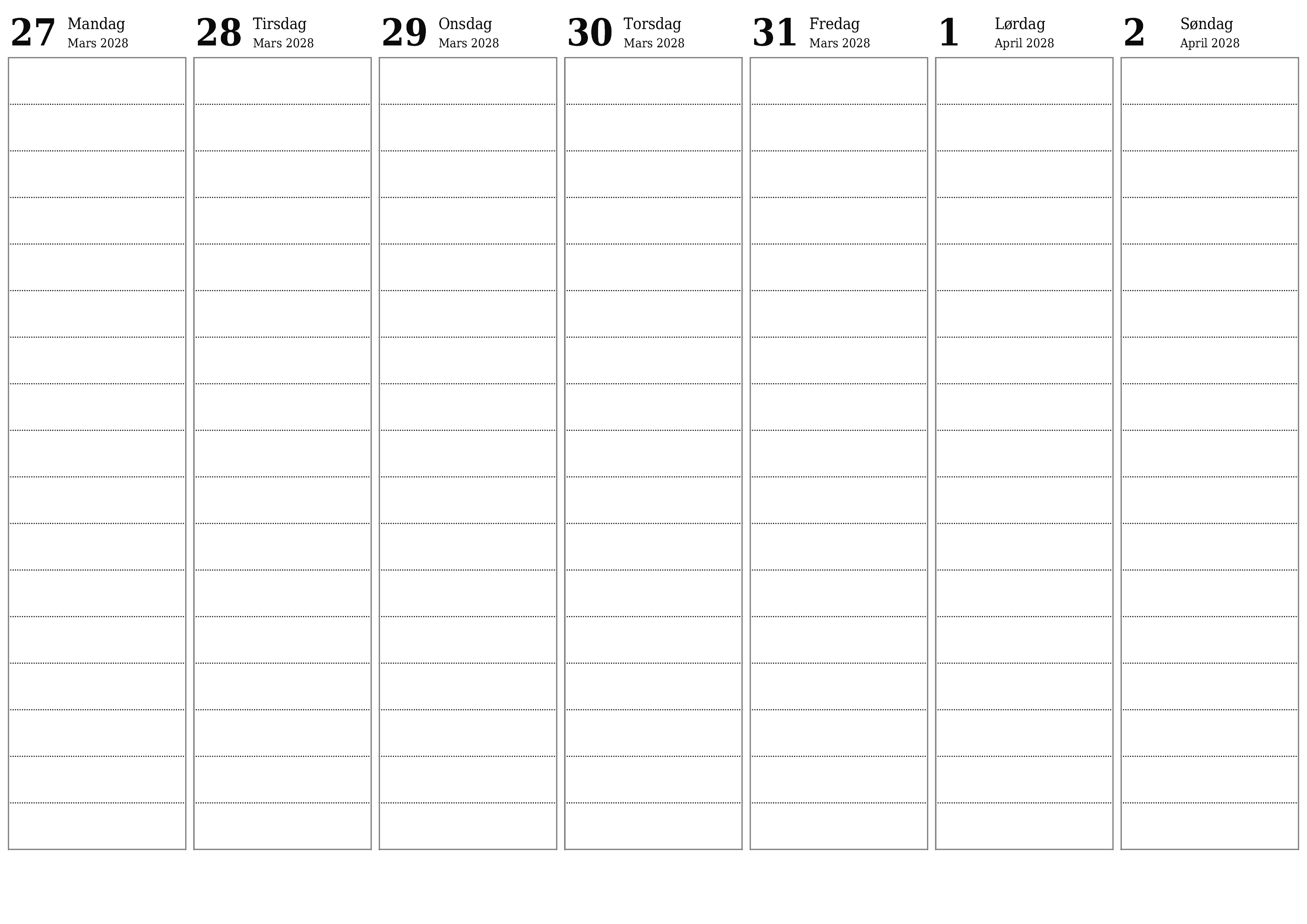 Tøm ukentlig planlegger i uker April 2028 med notater, lagre og skriv ut i PDF PNG Norwegian