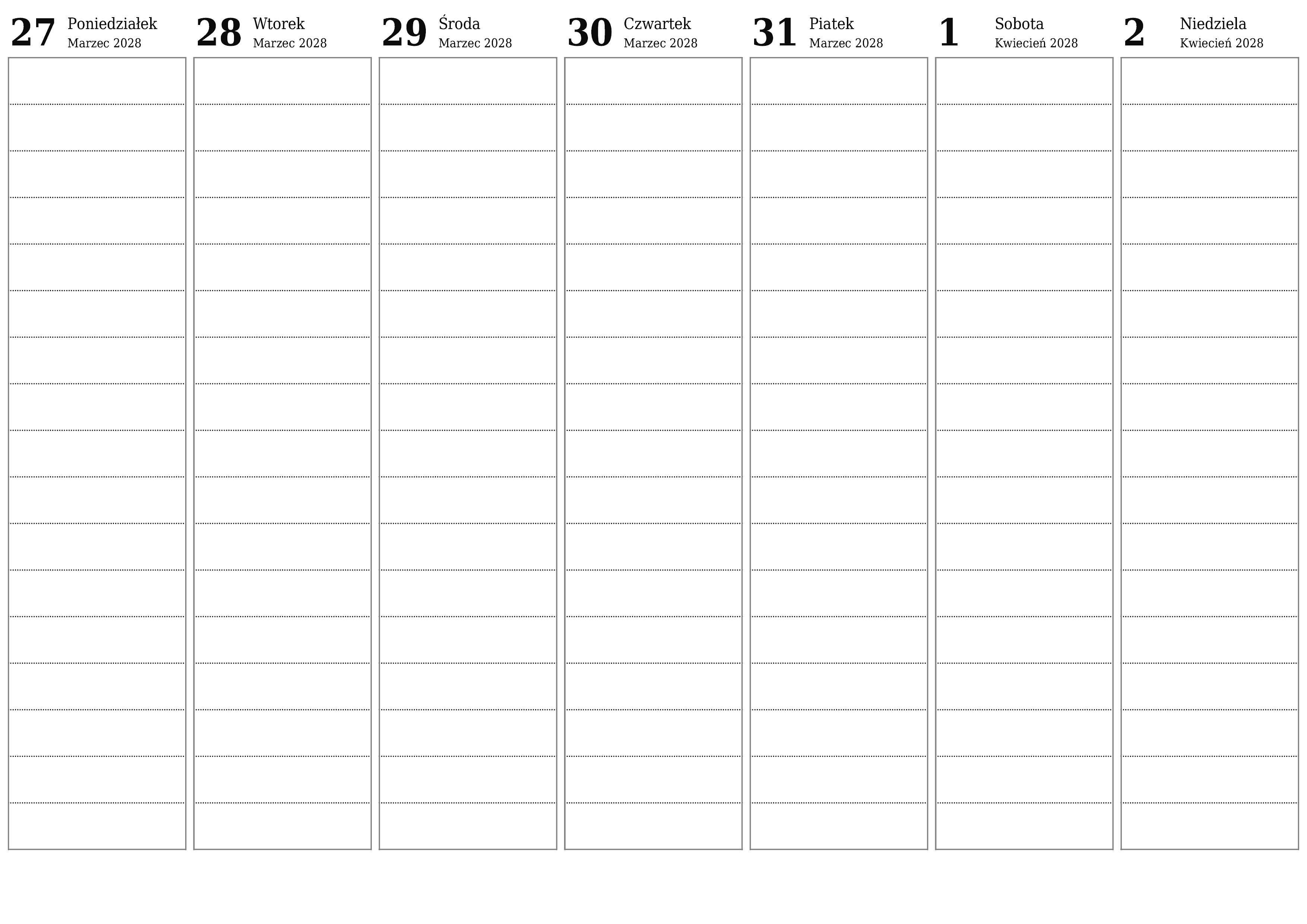 Opróżnij tygodniowy planer na tygodnie Kwiecień 2028 z notatkami, zapisz i wydrukuj w formacie PDF PNG Polish