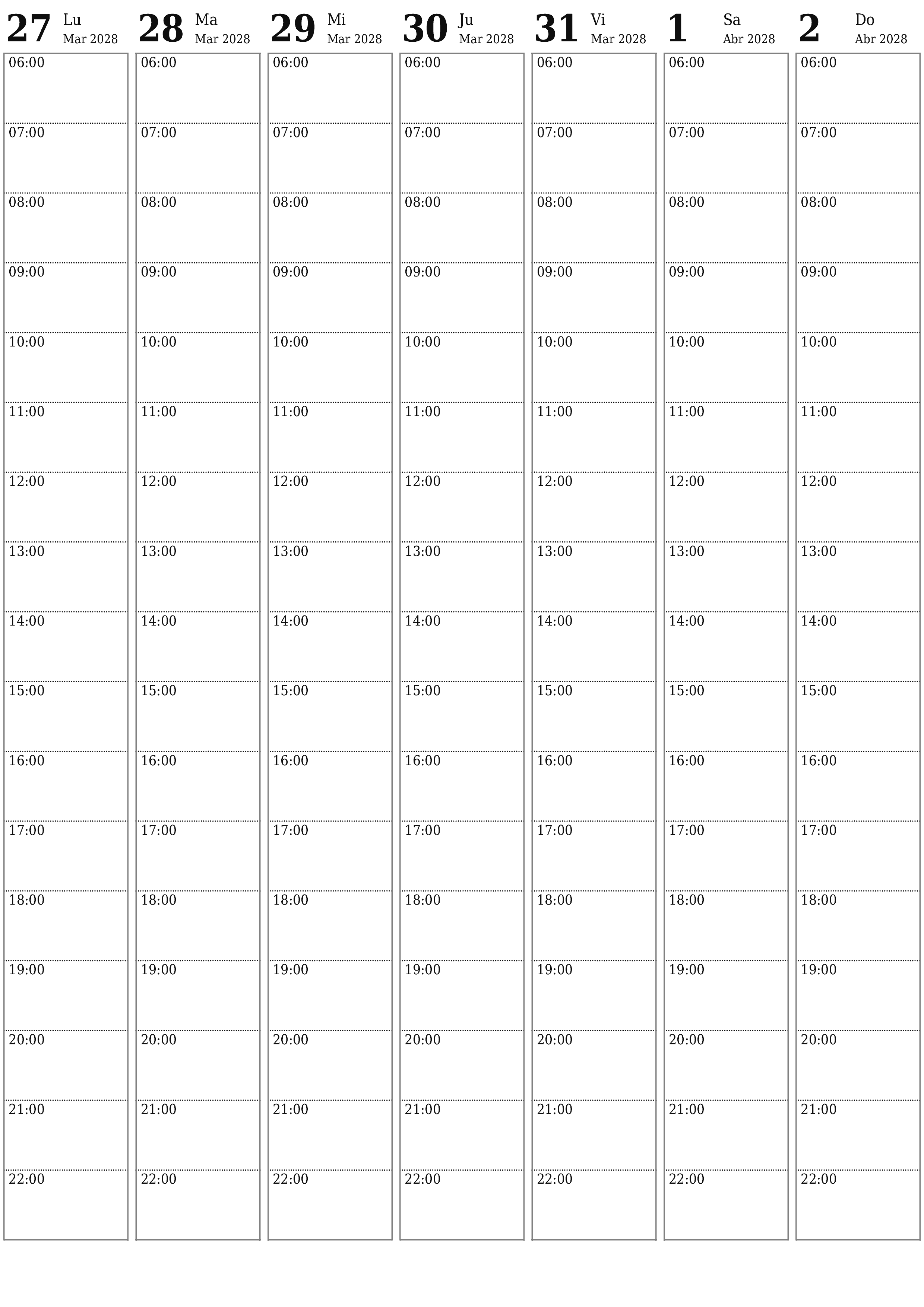 Planificador semanal vacío para semanas Abril 2028 con notas, guardar e imprimir en PDF PNG Spanish