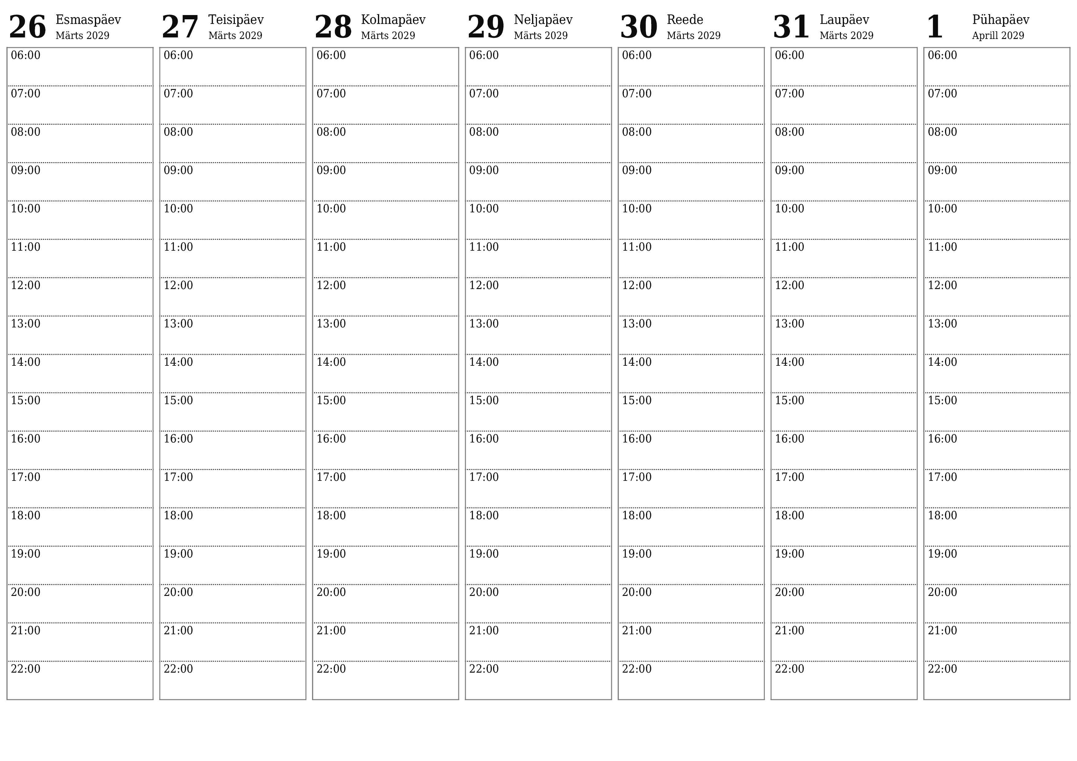 Tühjendage nädala planeerija nädalaid Aprill 2029 märkmetega, salvestage ja printige PDF-i PNG Estonian