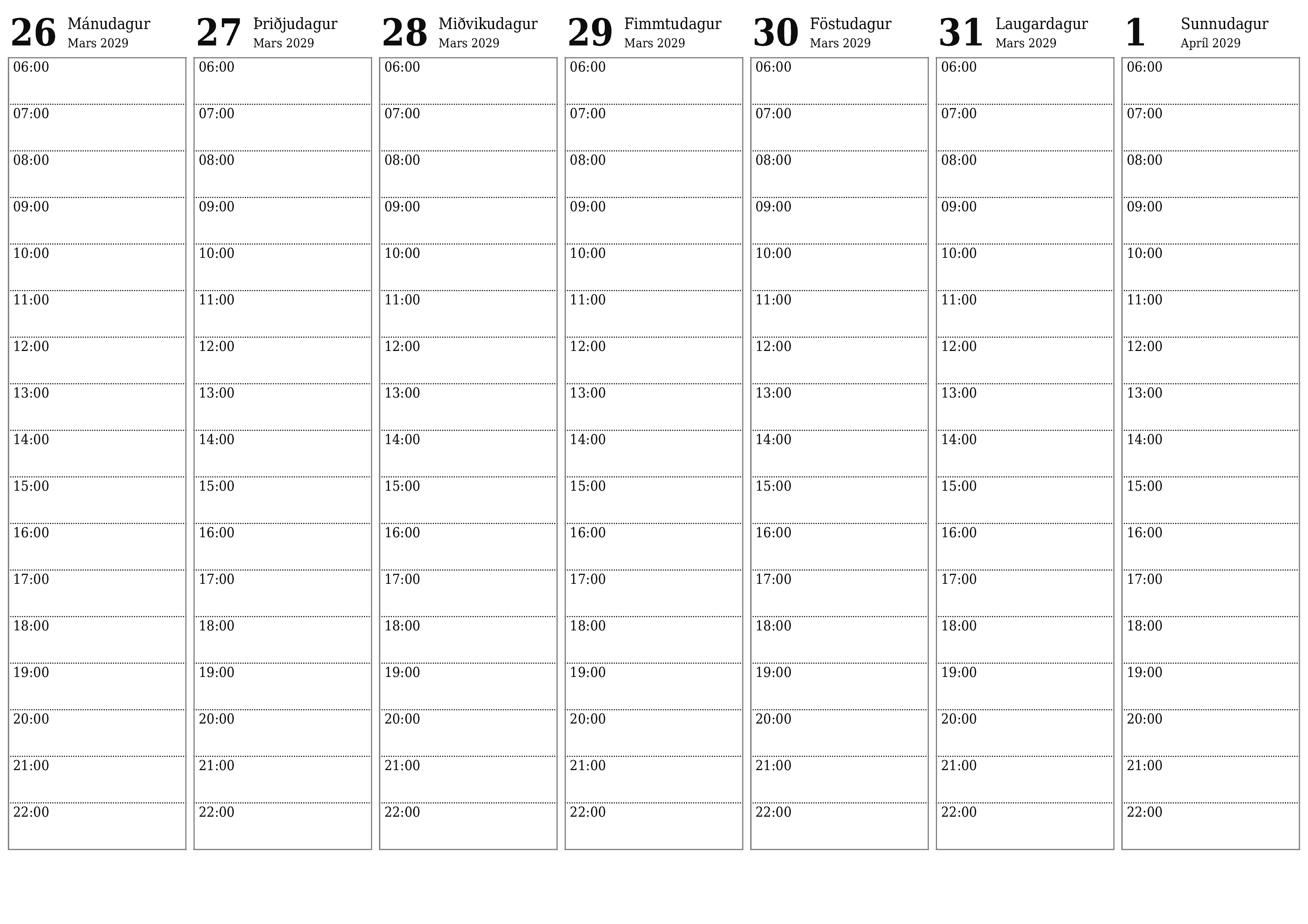 Tómur vikulegur skipuleggjandi vikum saman Apríl 2029 með athugasemdum, vistaðu og prentaðu á PDF PNG Icelandic