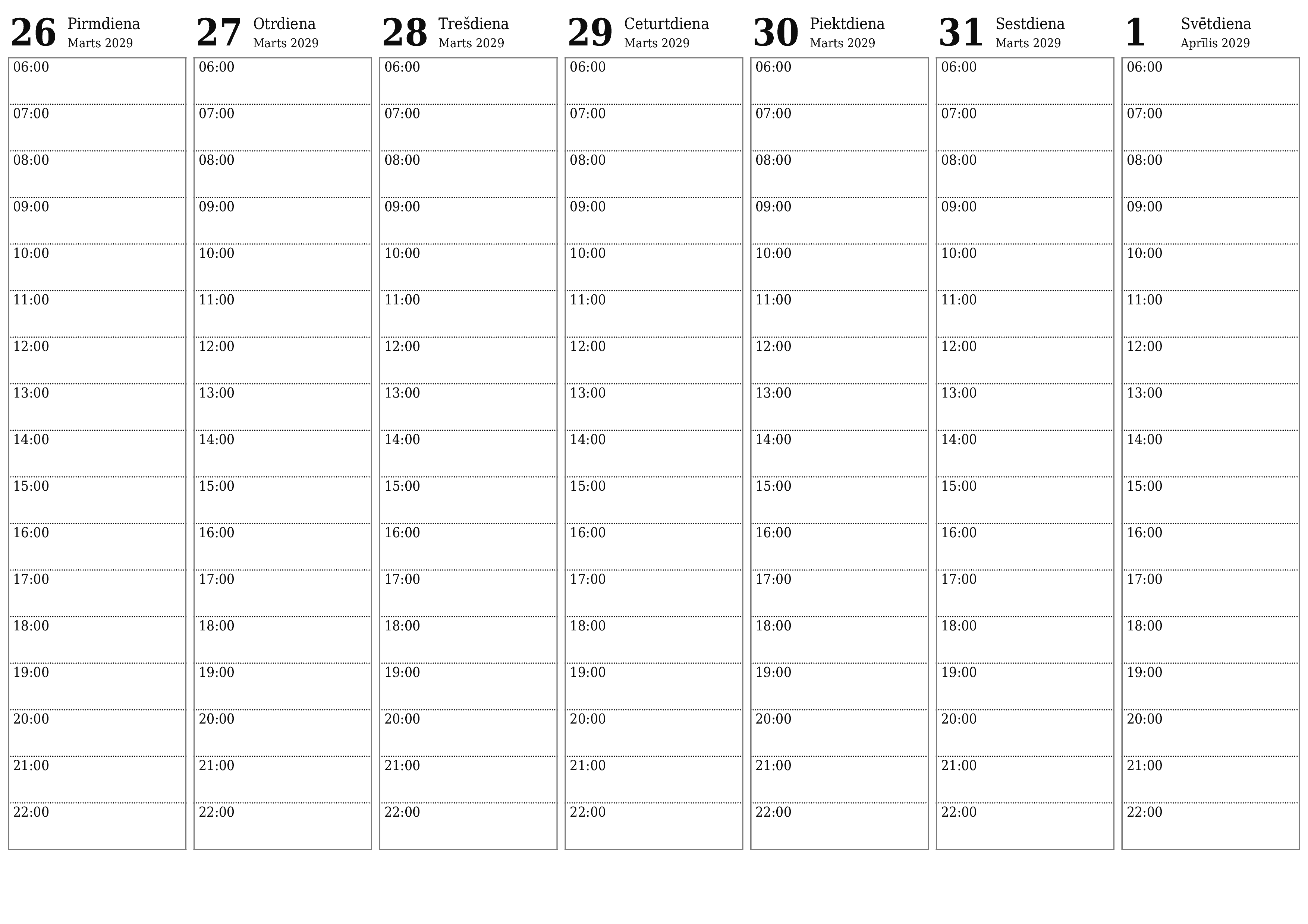 Iztukšojiet nedēļas plānotāju nedēļām Aprīlis 2029 ar piezīmēm, saglabājiet un izdrukājiet PDF formātā PNG Latvian