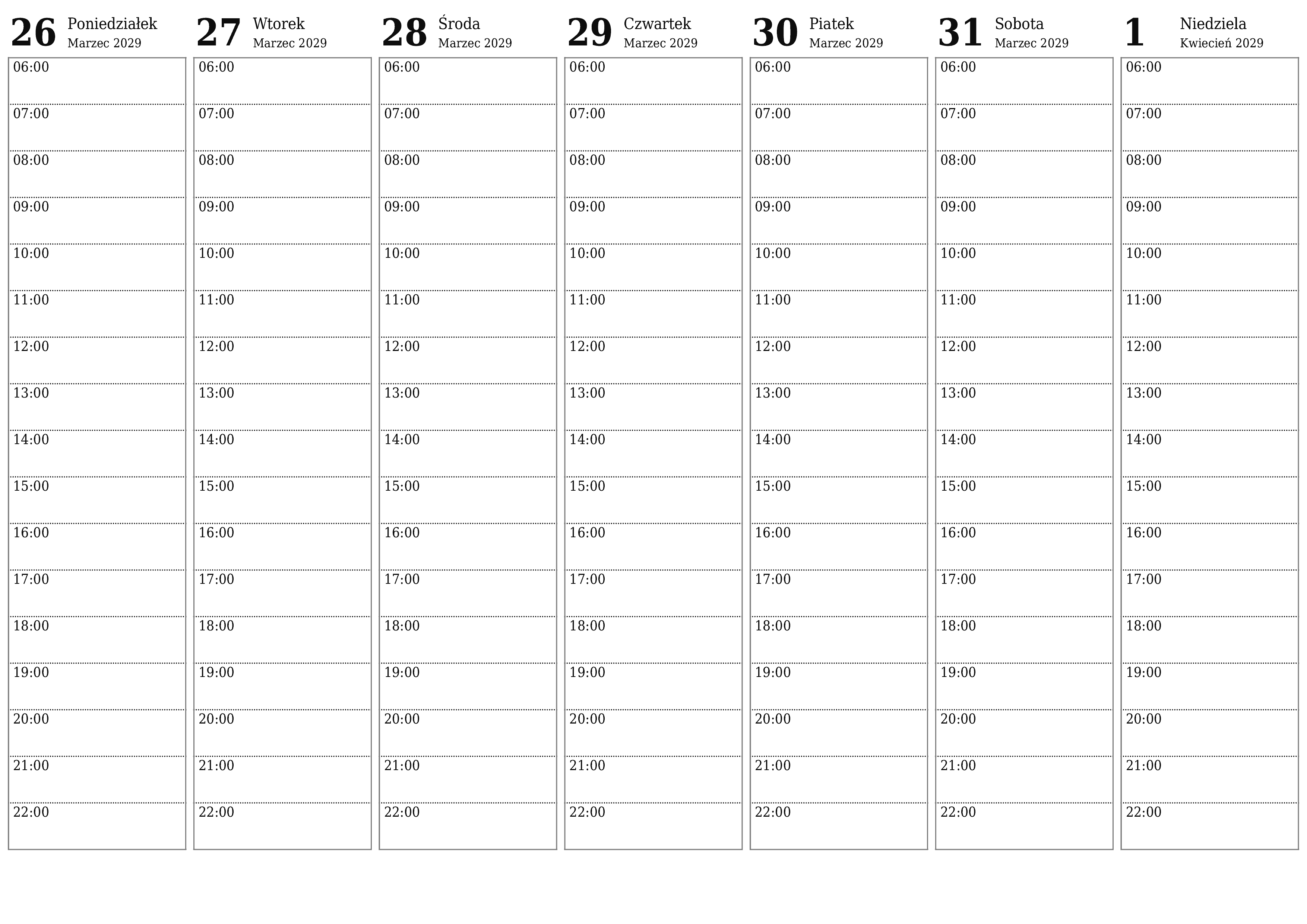 Opróżnij tygodniowy planer na tygodnie Kwiecień 2029 z notatkami, zapisz i wydrukuj w formacie PDF PNG Polish