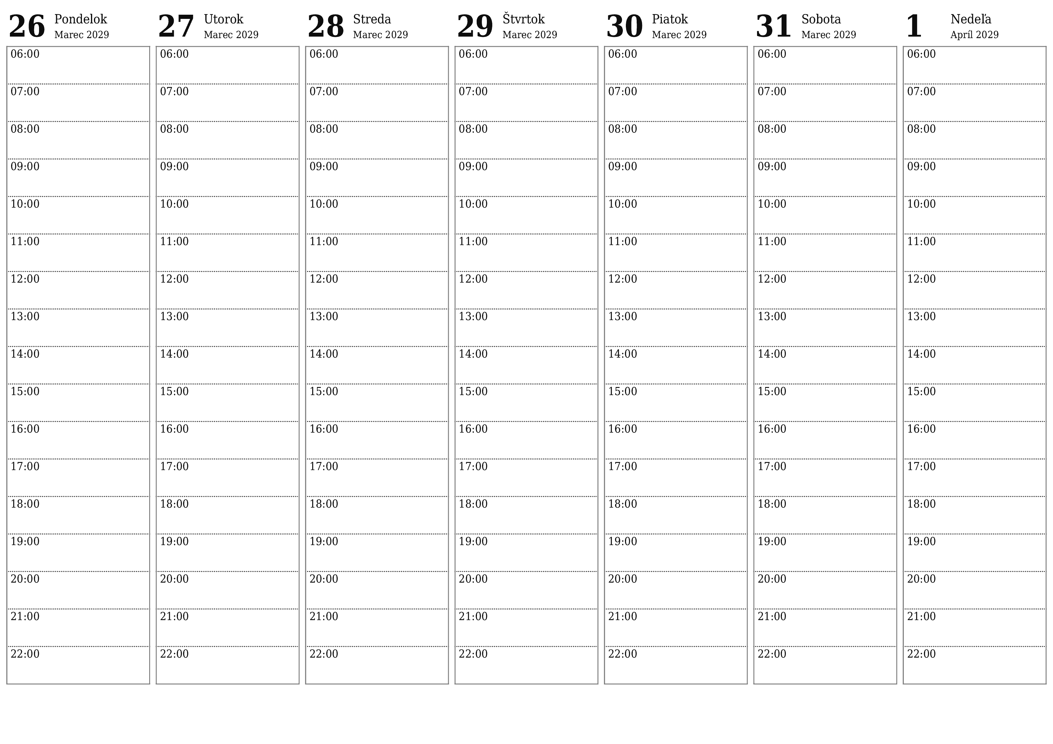 Prázdny týždenný plánovač na týždne Apríl 2029 s poznámkami, uložením a tlačou do PDF PNG Slovak