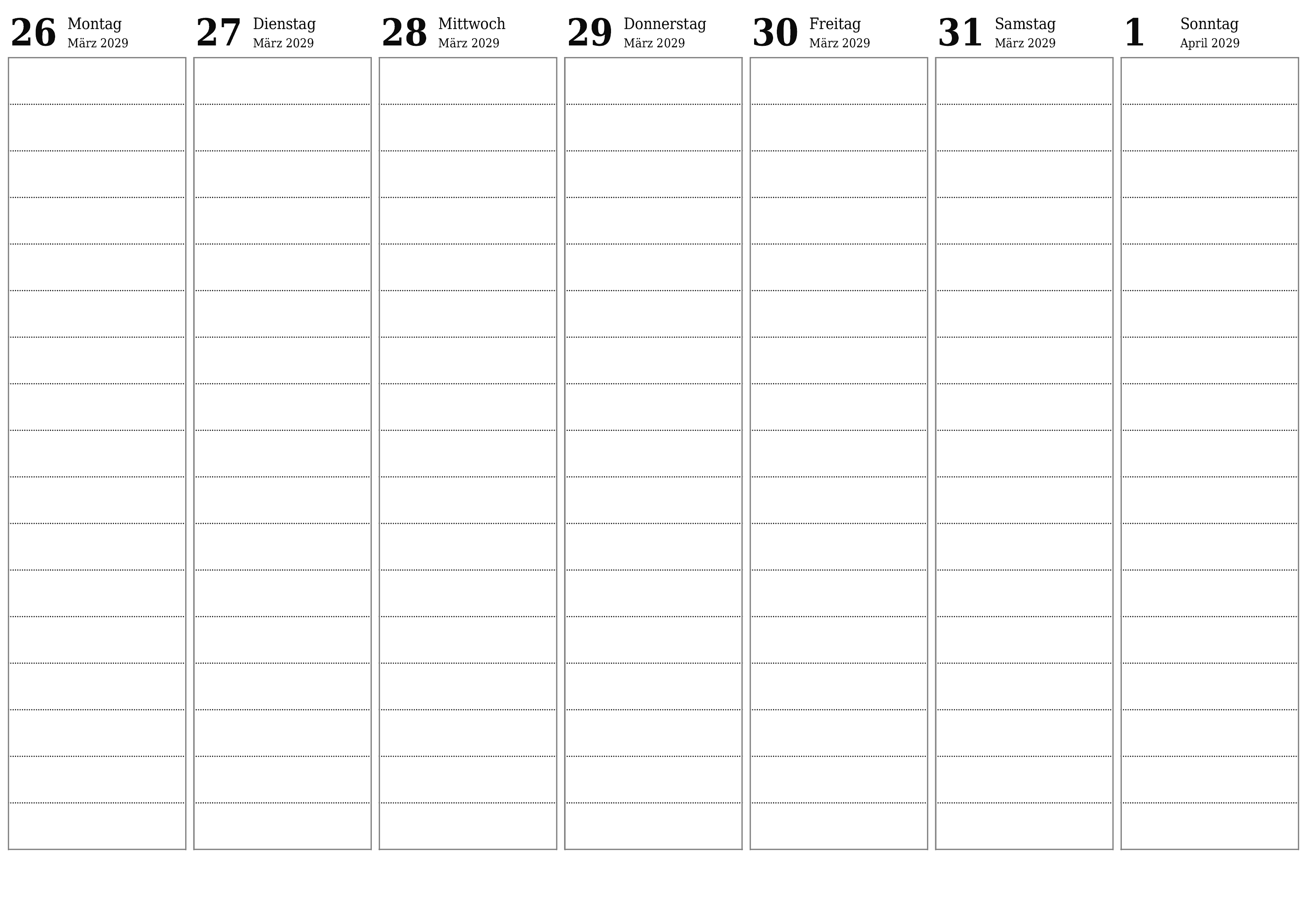 Wochenplaner für Wochen April 2029 mit Notizen leeren, speichern und als PDF drucken PNG German