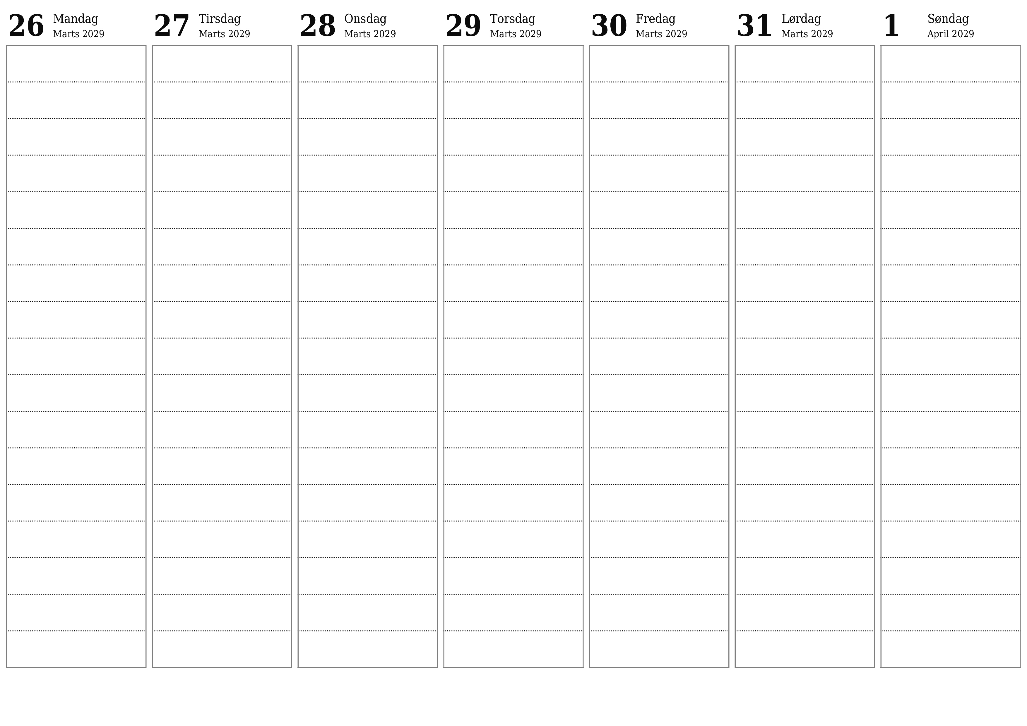 Tom ugentlig planlægger i uger April 2029 med noter, gem og udskriv til PDF PNG Danish