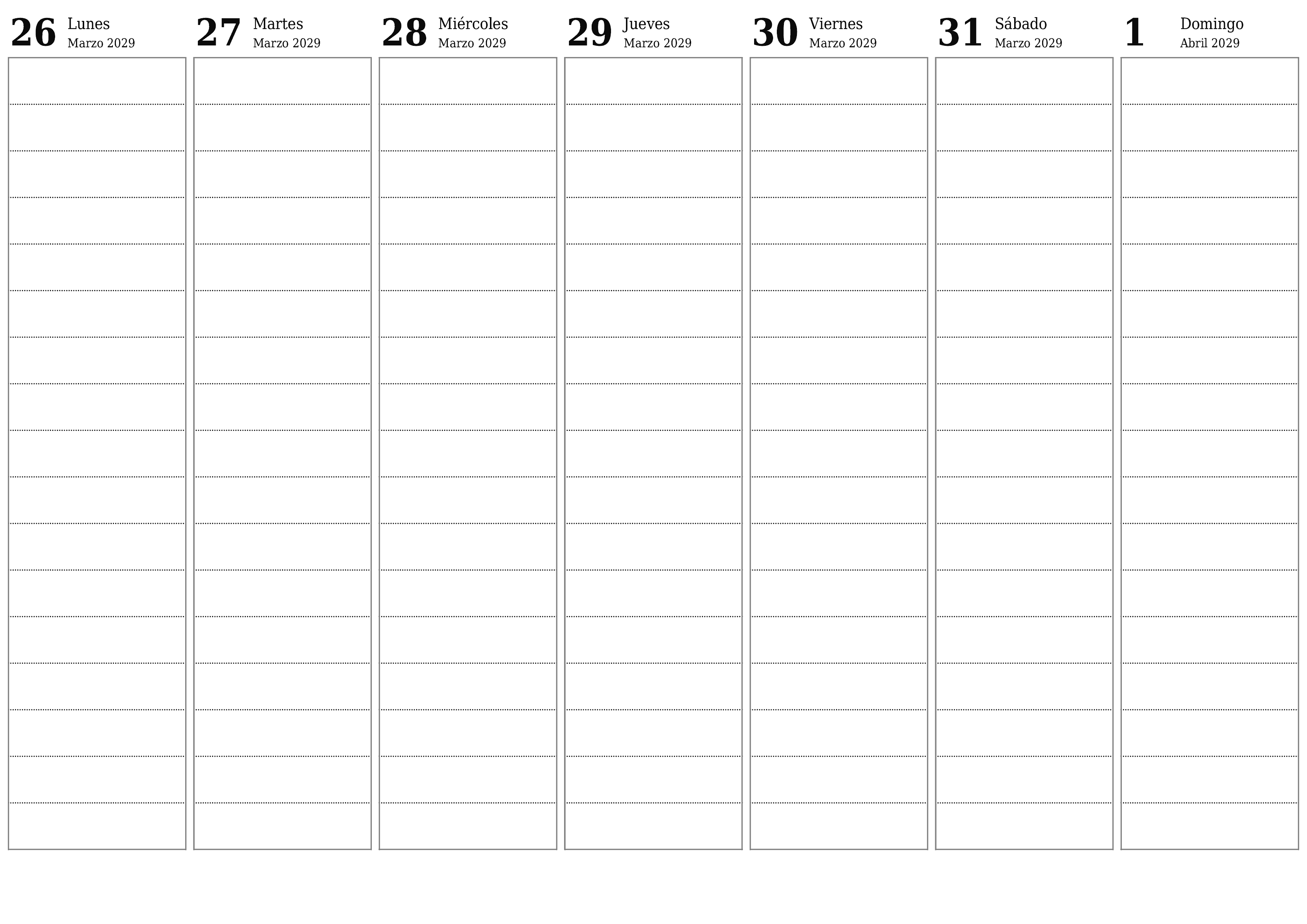 Planificador semanal vacío para semanas Abril 2029 con notas, guardar e imprimir en PDF PNG Spanish
