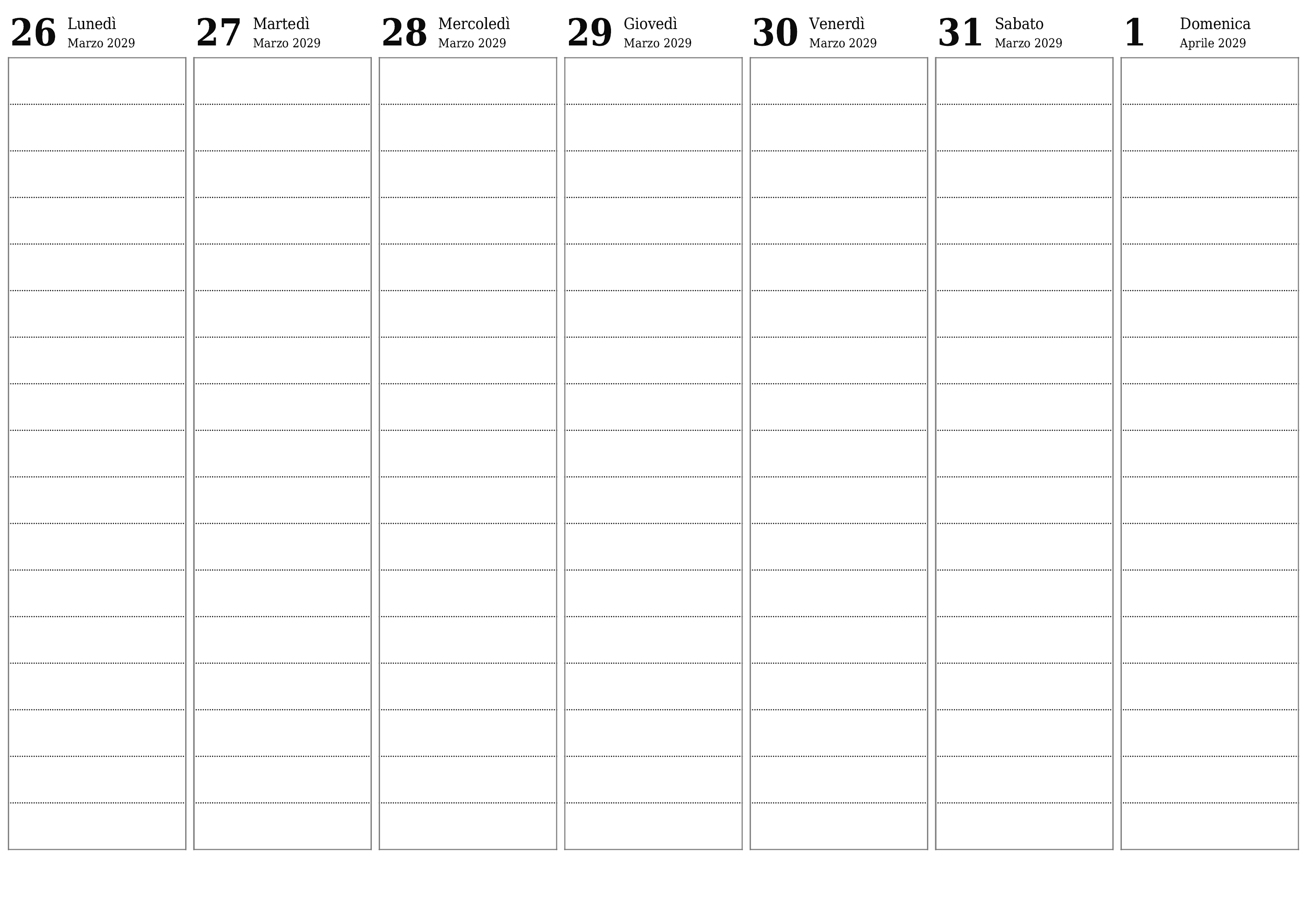 Agenda settimanale vuota per settimane Aprile 2029 con note, salva e stampa in PDF PNG Italian