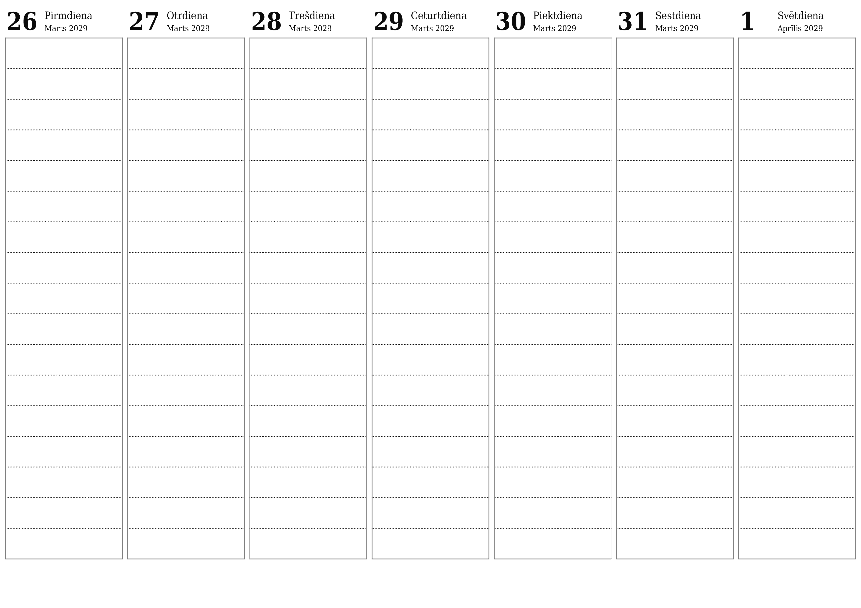 Iztukšojiet nedēļas plānotāju nedēļām Aprīlis 2029 ar piezīmēm, saglabājiet un izdrukājiet PDF formātā PNG Latvian