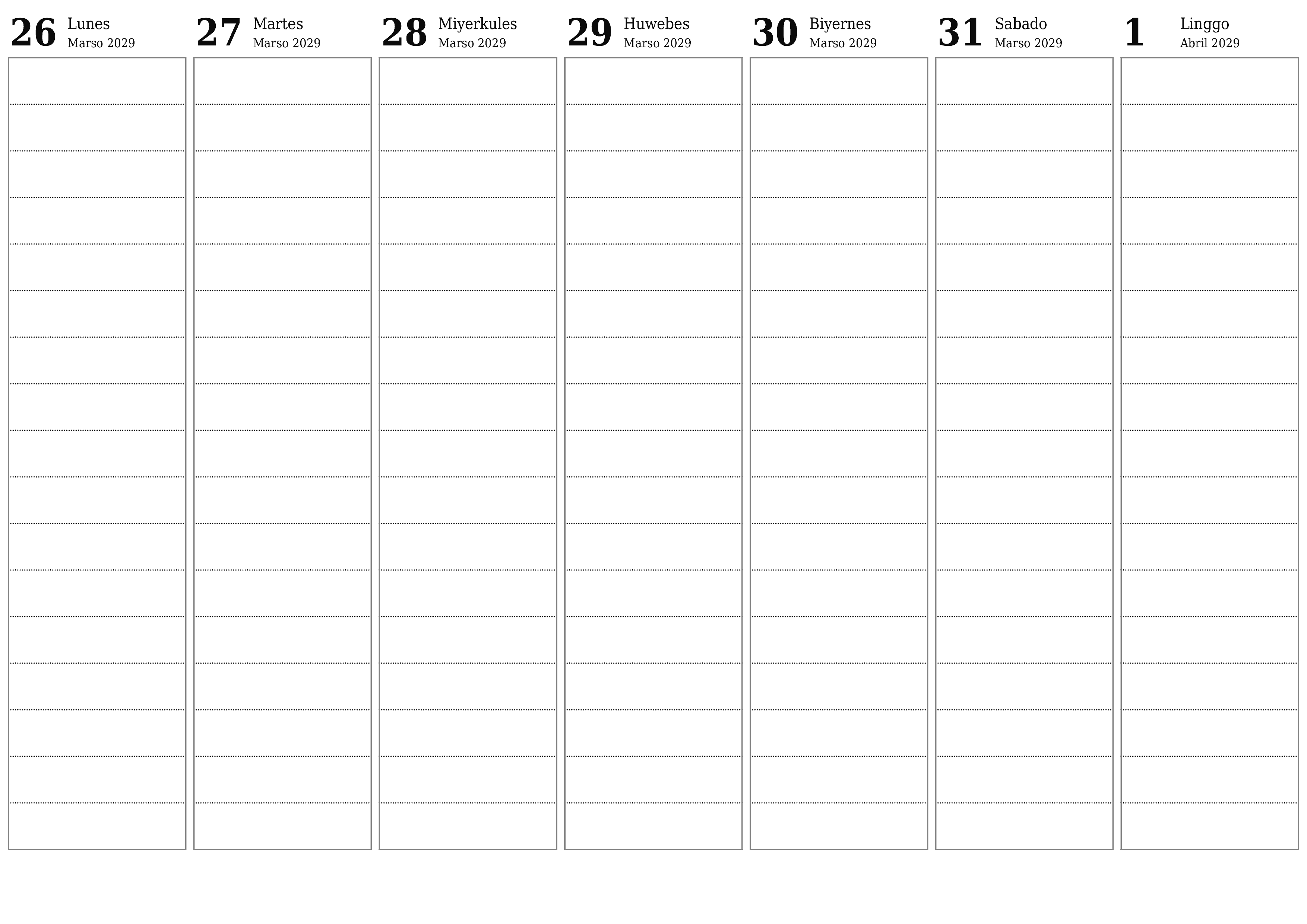 Walang laman lingguhang tagaplano para sa mga linggo Abril 2029 na may mga tala, i-save at i-print sa PDF PNG Filipino