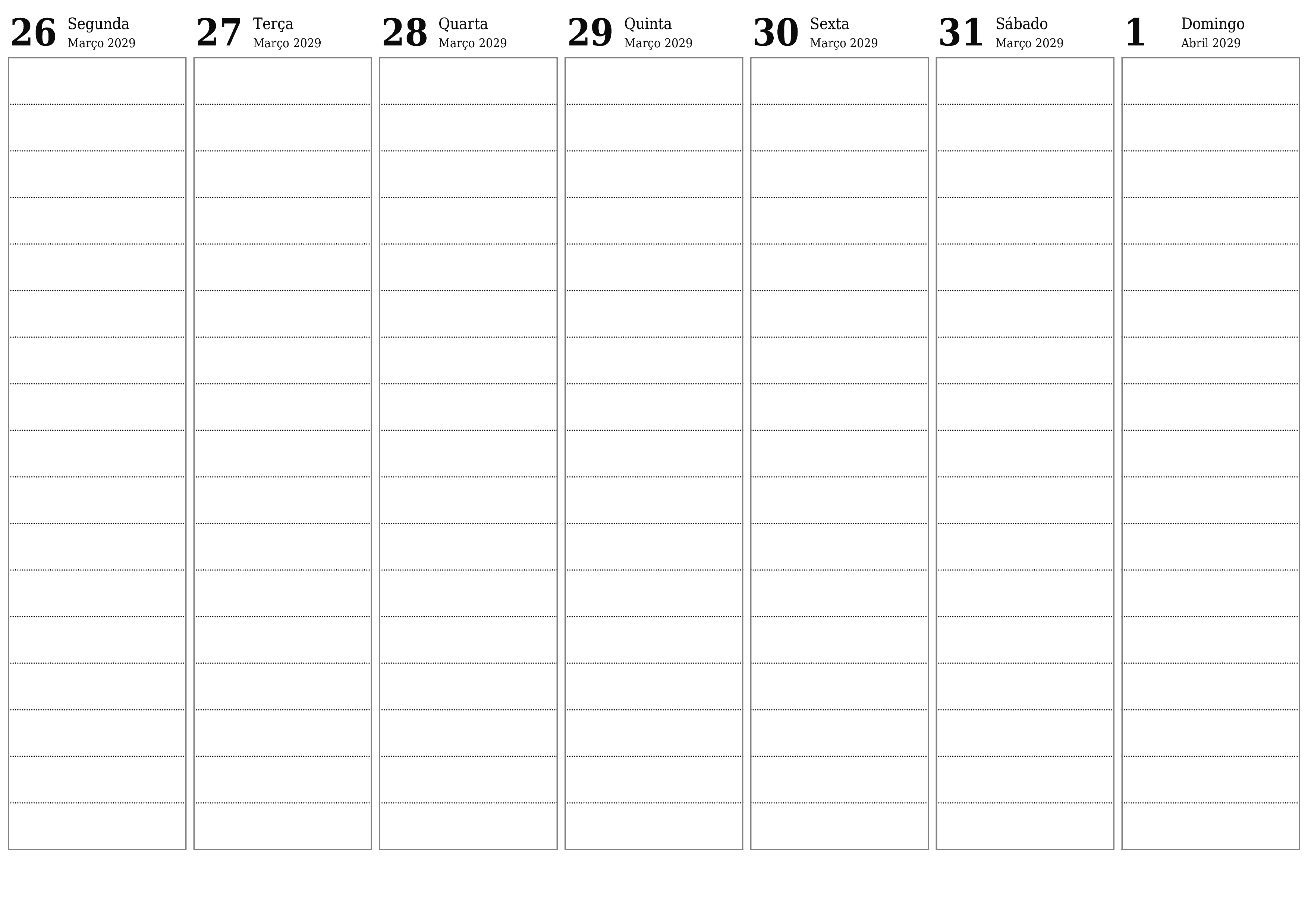 Esvazie o planejador semanal por semanas Abril 2029 com notas, salve e imprima em PDF PNG Portuguese