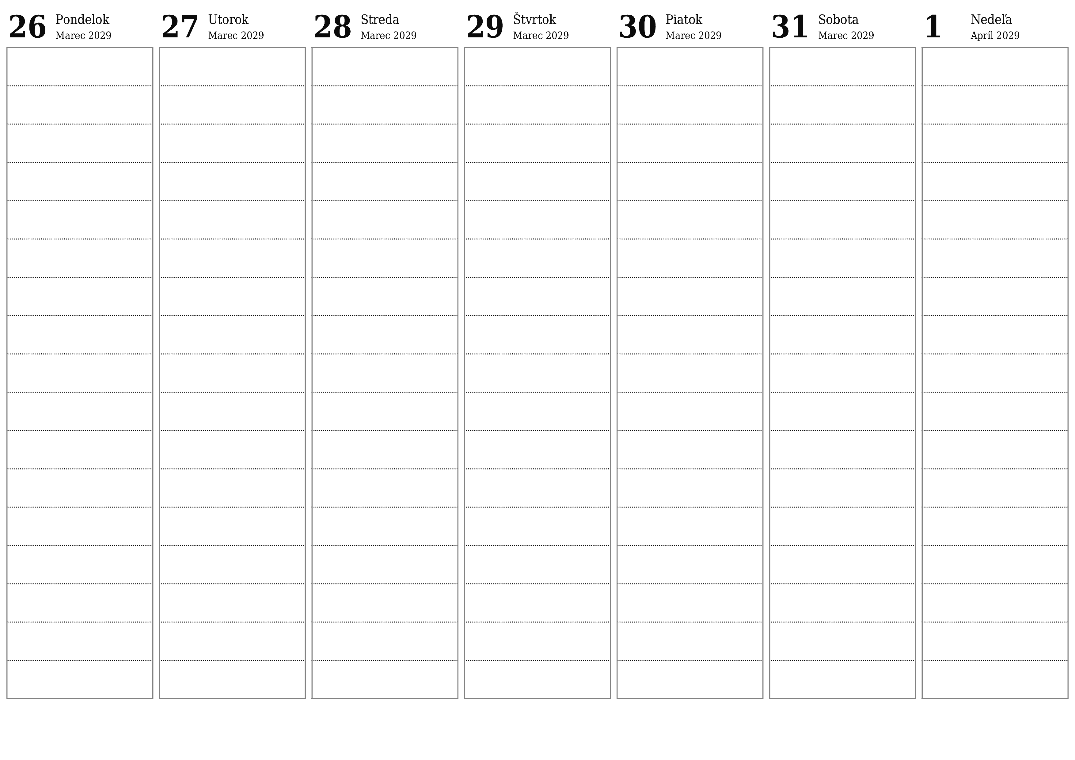 Prázdny týždenný plánovač na týždne Apríl 2029 s poznámkami, uložením a tlačou do PDF PNG Slovak