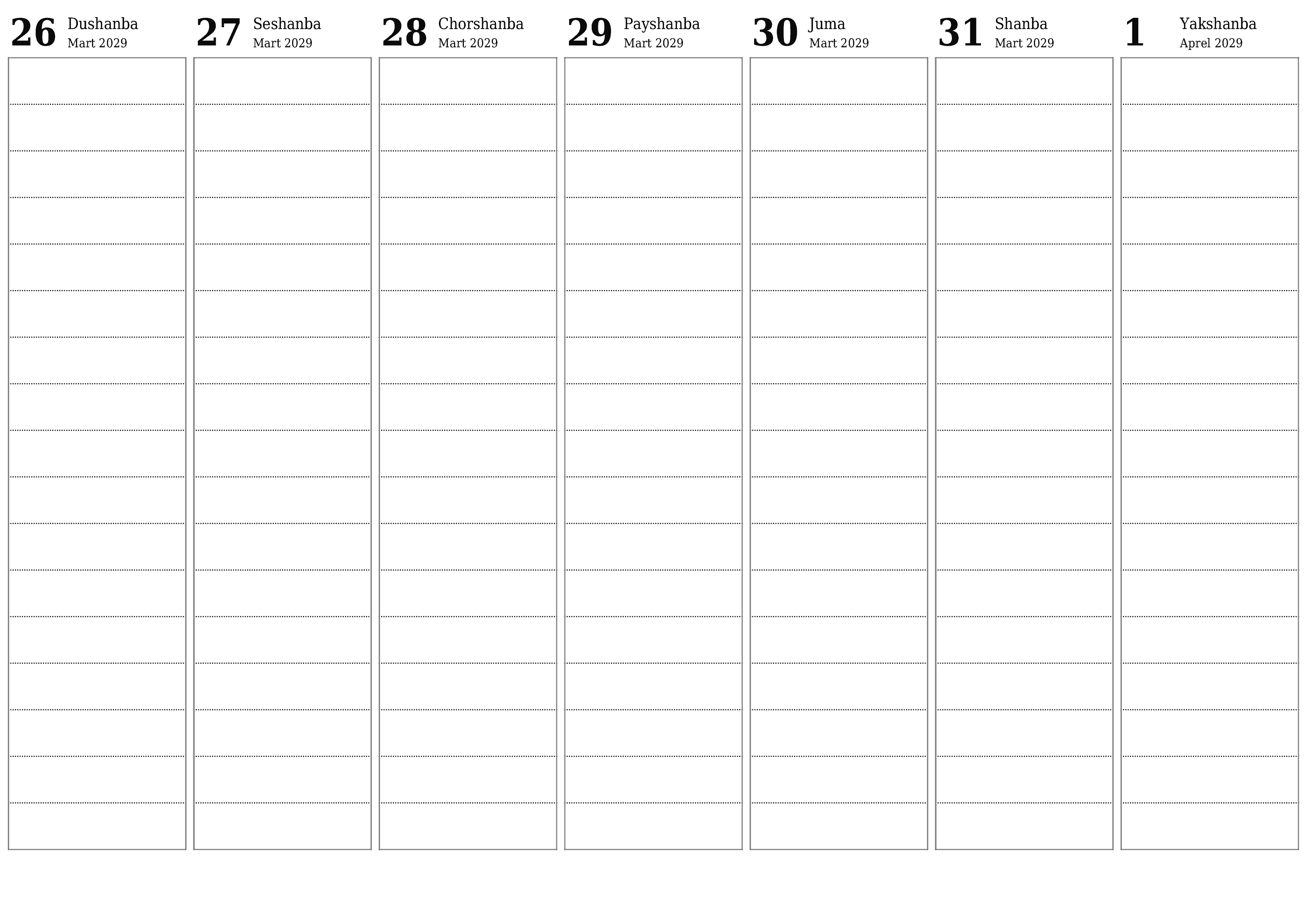 Haftalik rejalashtiruvchi Aprel 2029 haftalar uchun yozuvlar bilan bo'shatib, saqlang va PDF-ga chop eting PNG Uzbek