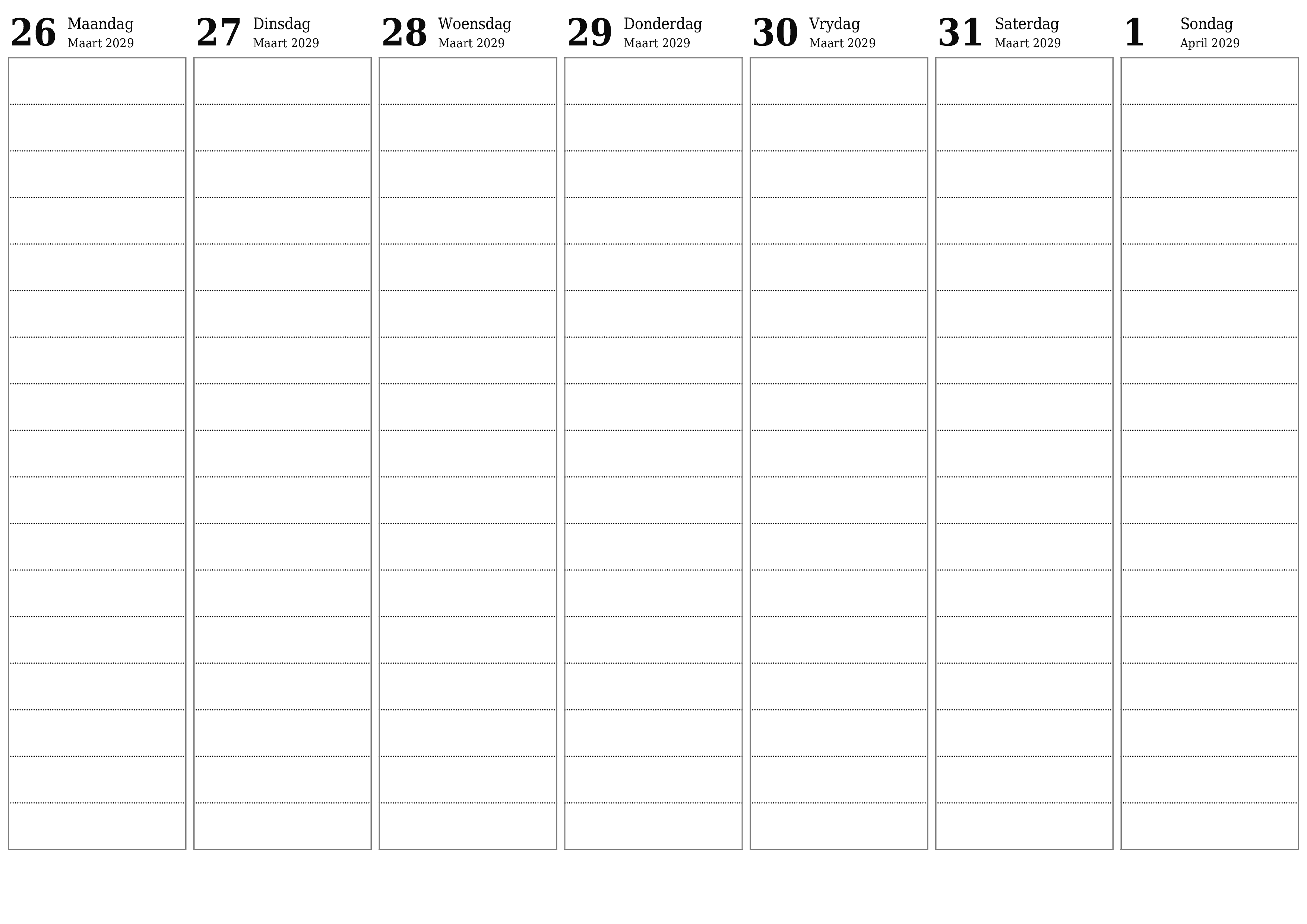 Leë weeklikse drukbare kalender en beplanner vir week April 2029 met notas, stoor en druk na PDF PNG Afrikaans