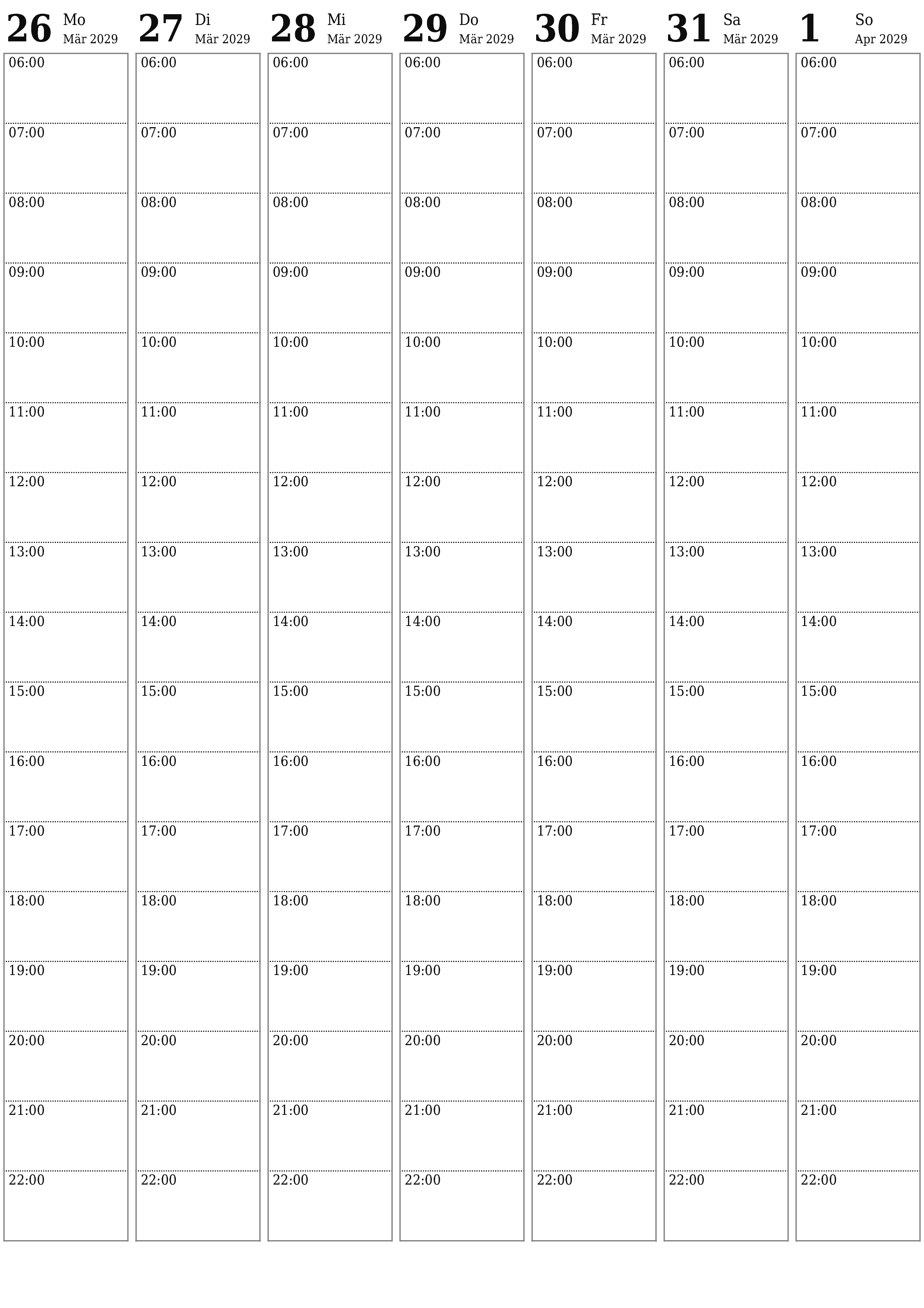 Wochenplaner für Wochen April 2029 mit Notizen leeren, speichern und als PDF drucken PNG German