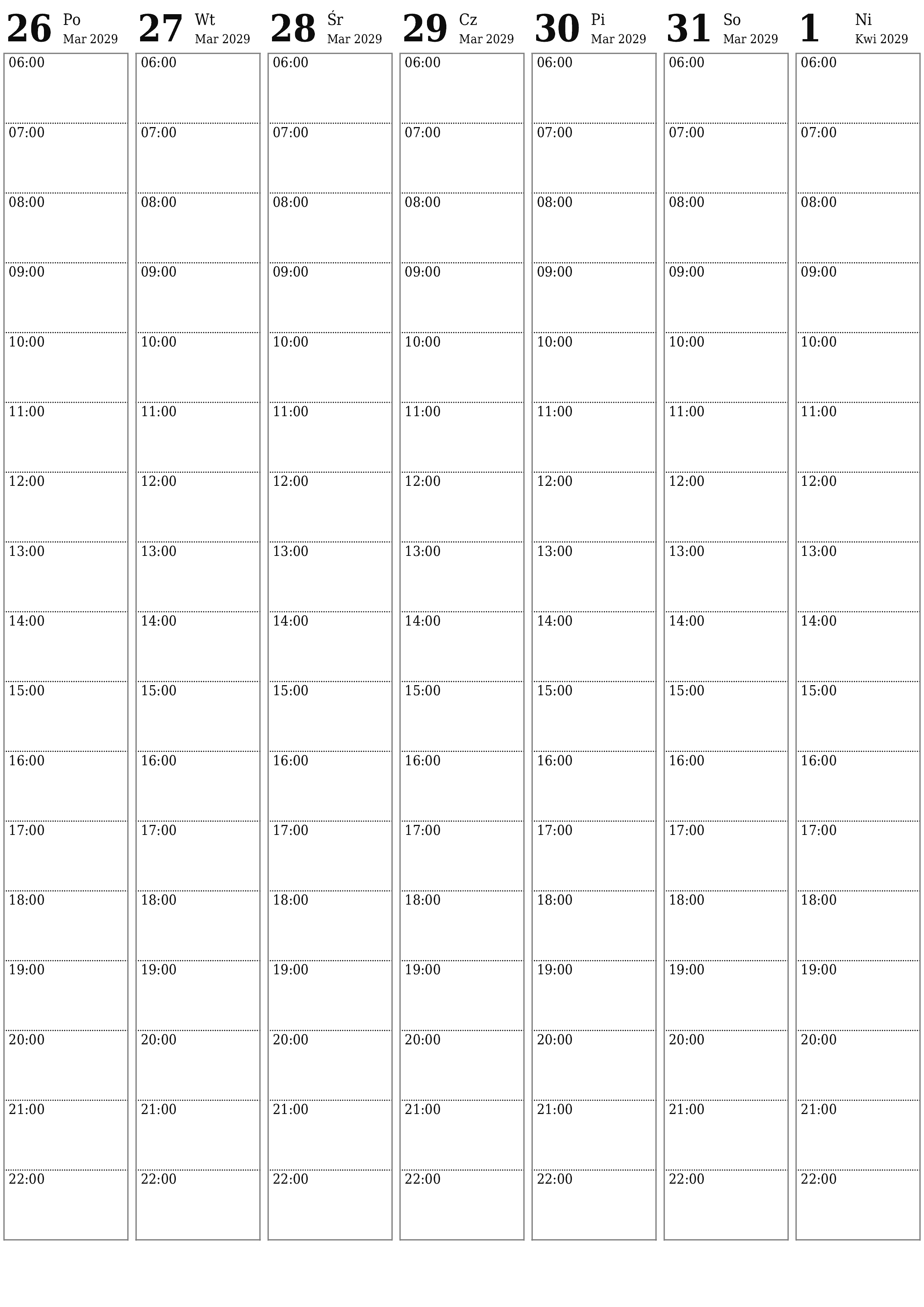 Opróżnij tygodniowy planer na tygodnie Kwiecień 2029 z notatkami, zapisz i wydrukuj w formacie PDF PNG Polish