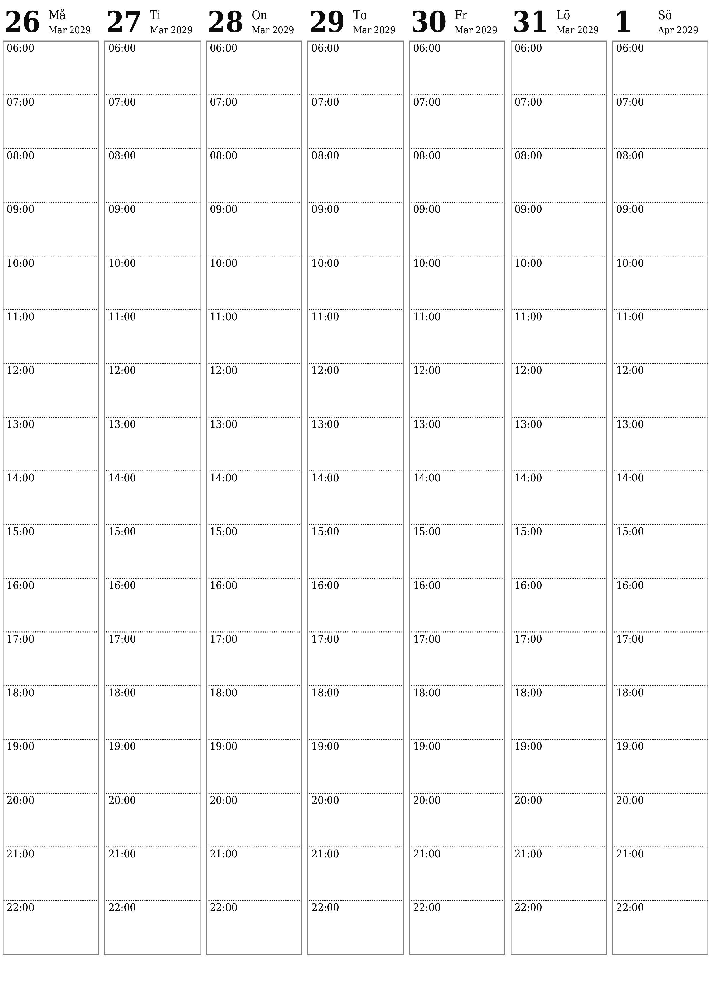 Töm veckoplaneraren i veckor April 2029 med anteckningar, spara och skriv ut till PDF PNG Swedish