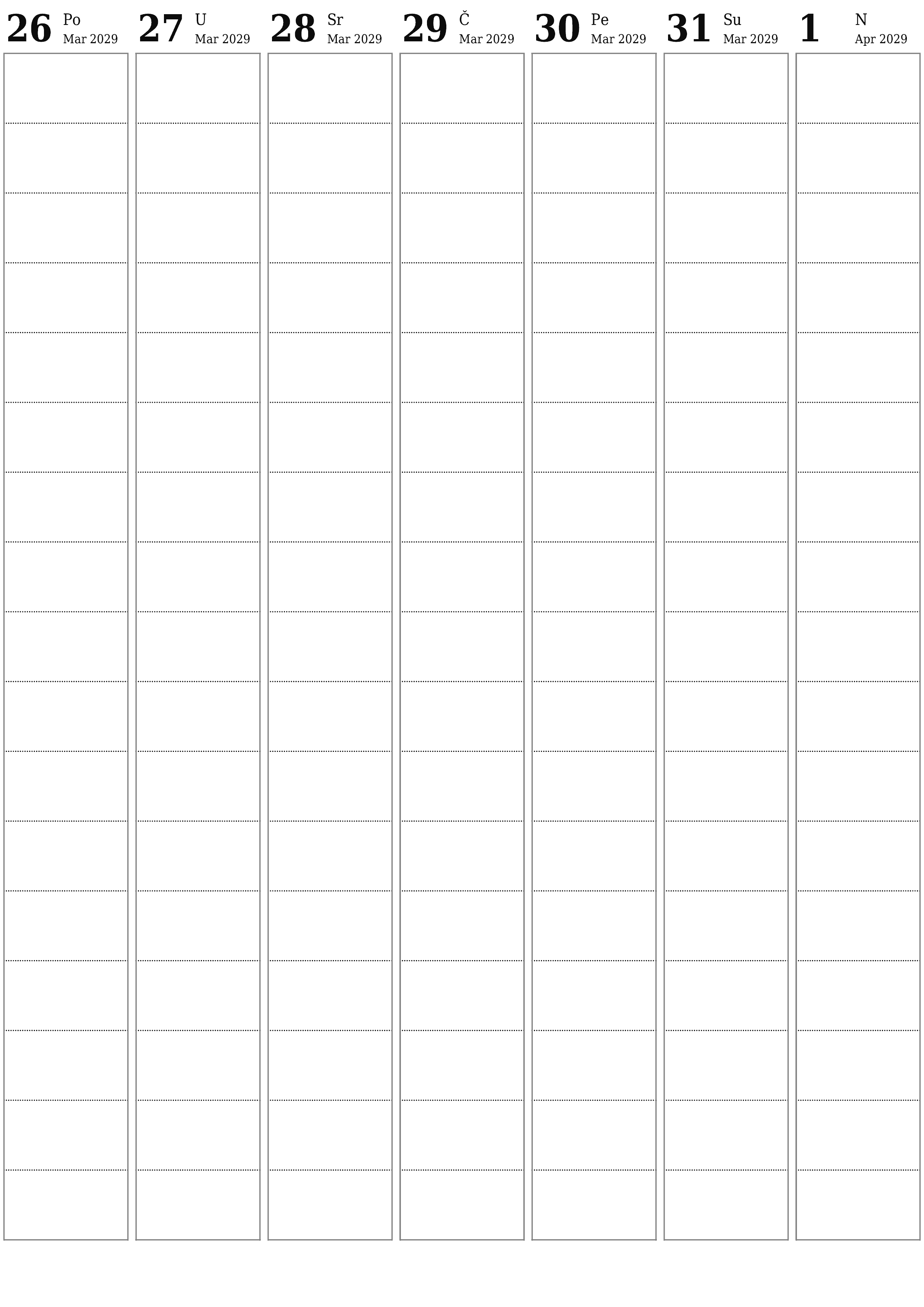 Ispraznite sedmični planer za sedmice April 2029 s bilješkama, spremite i ispišite u PDF PNG Bosnian