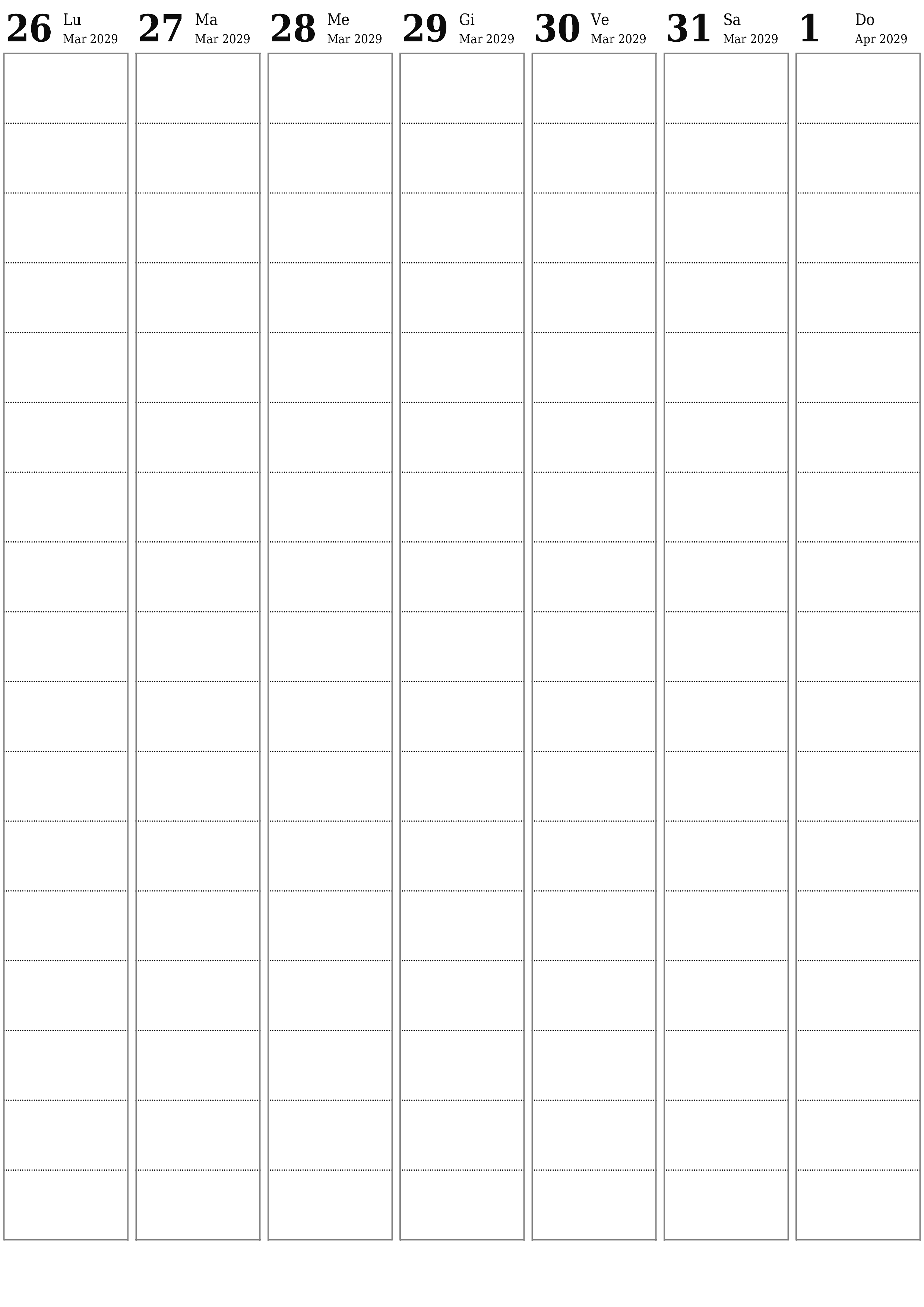 stampabile da parete modello di gratuitoverticale Settimanale pianificatore calendario Aprile (Apr) 2029