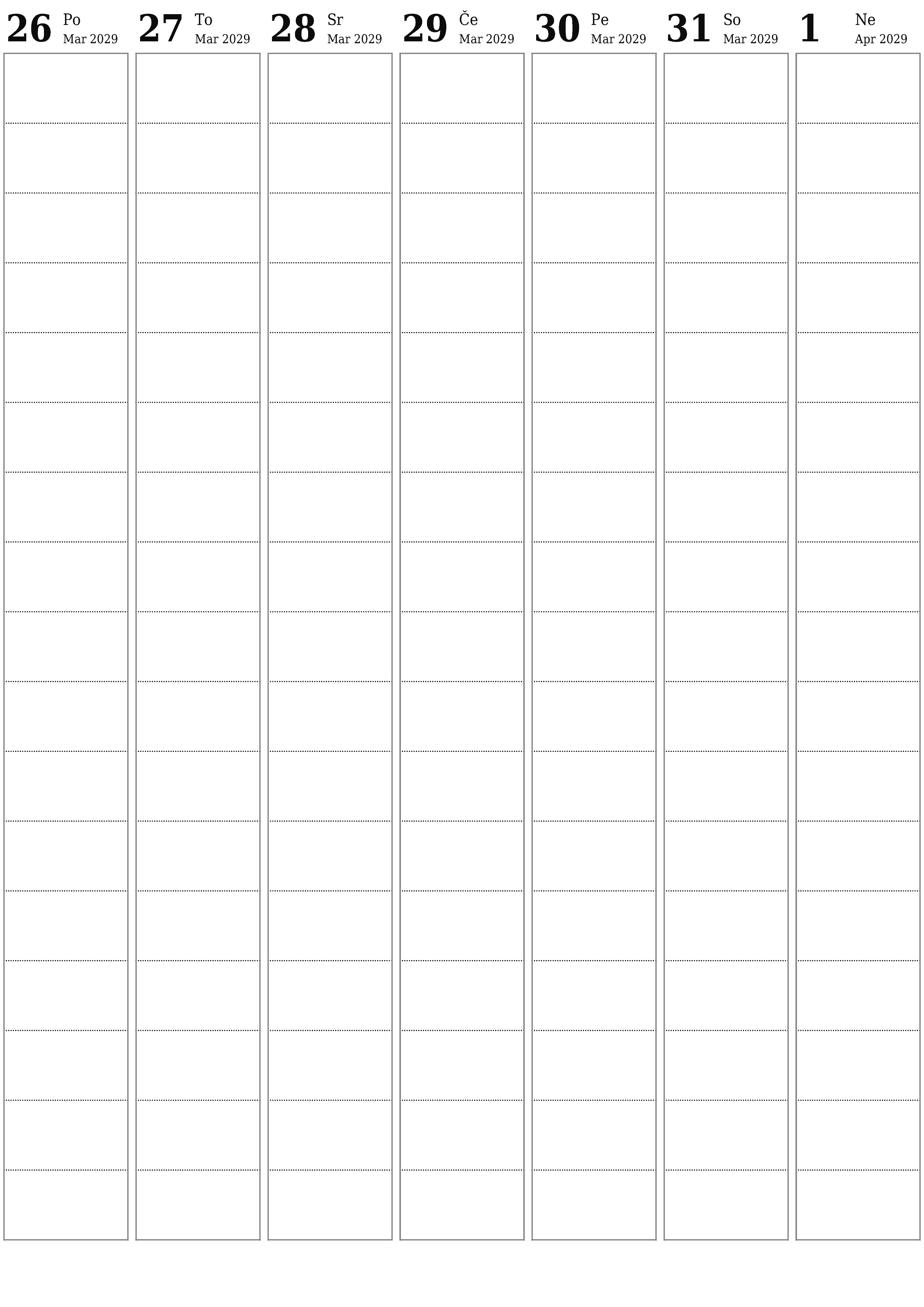 Prazen tedenski koledarski načrtovalec za tedne April 2029 z opombami za tiskanje v PDF PNG Slovenian