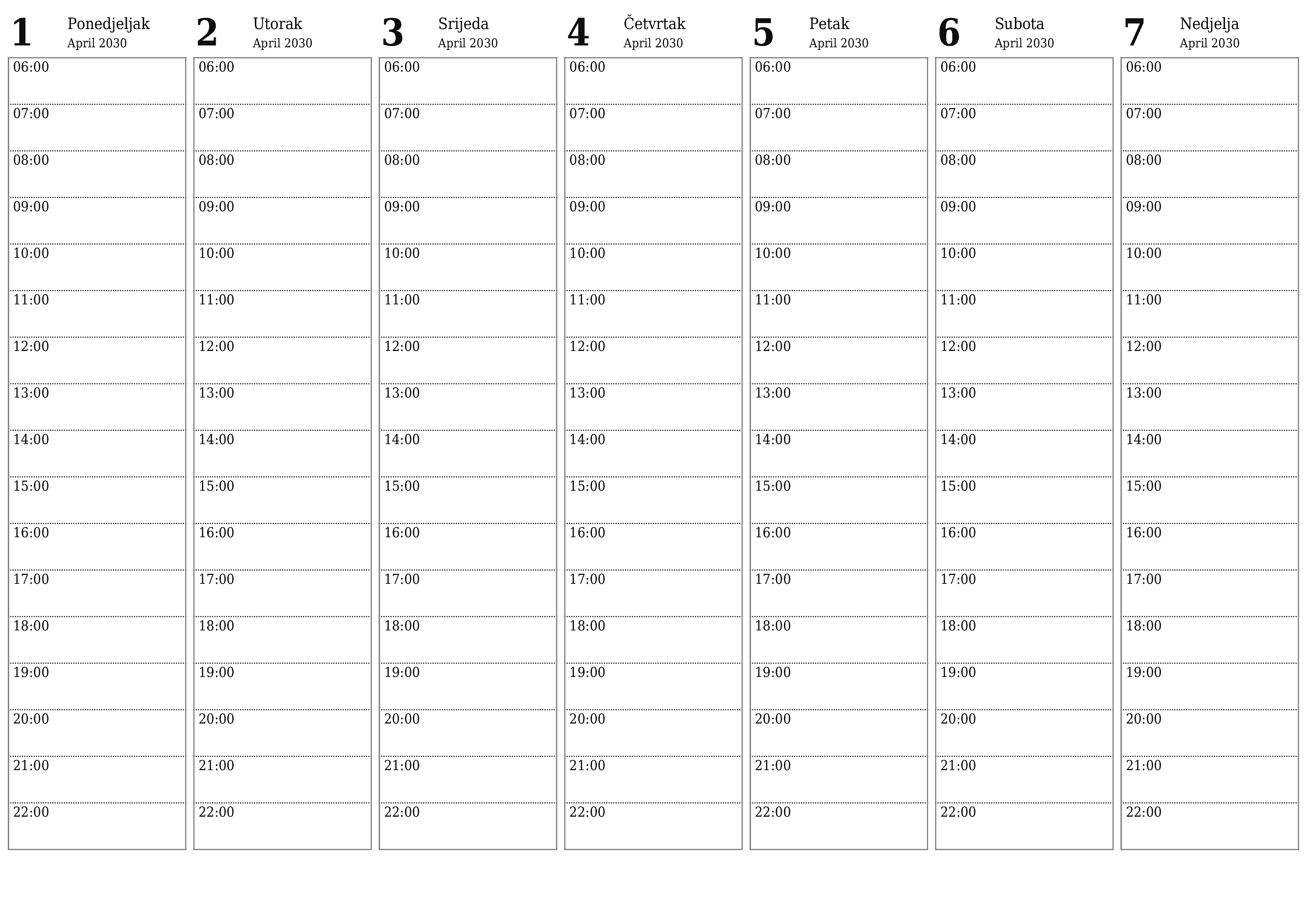 Ispraznite sedmični planer za sedmice April 2030 s bilješkama, spremite i ispišite u PDF PNG Bosnian