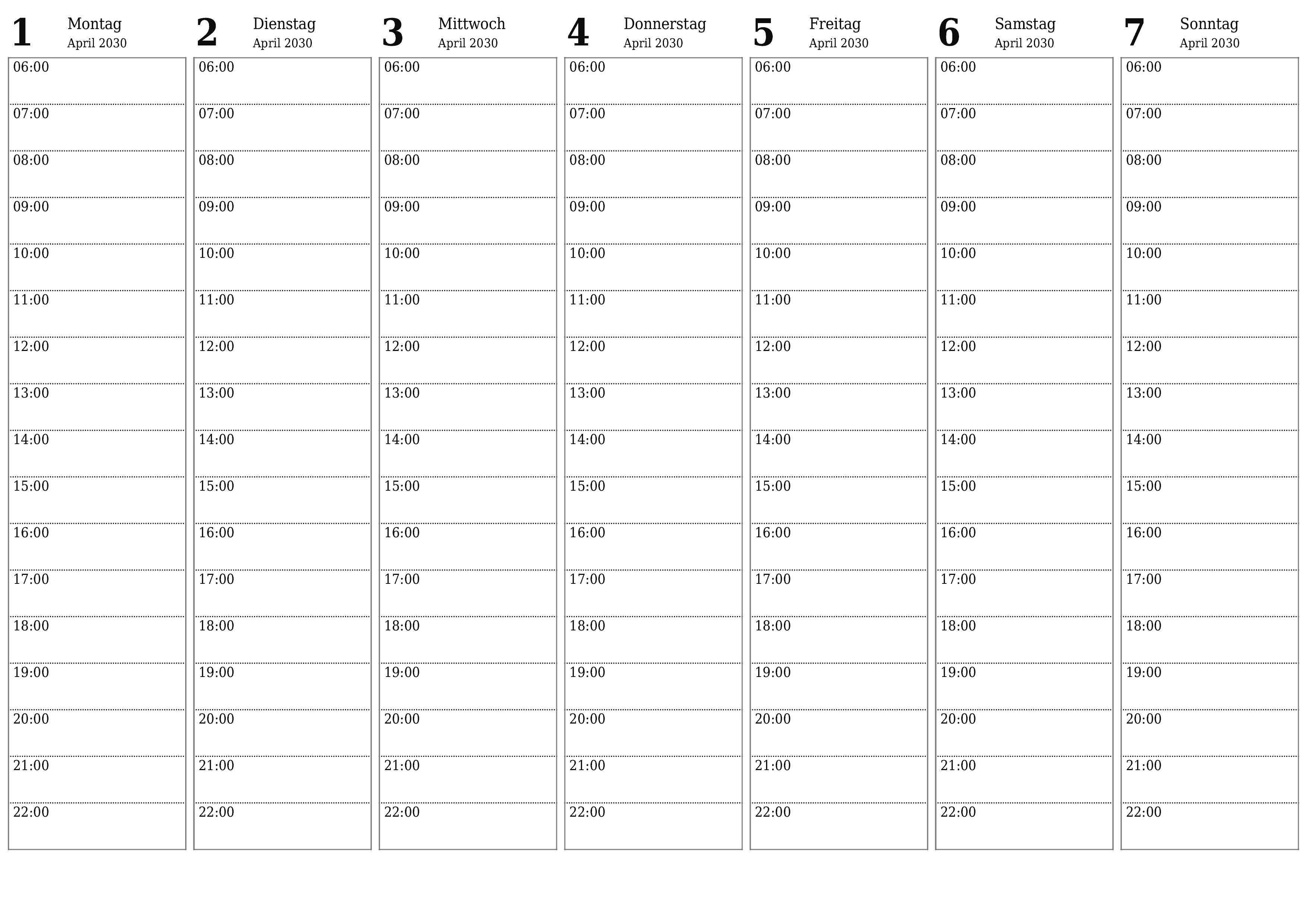 Wochenplaner für Wochen April 2030 mit Notizen leeren, speichern und als PDF drucken PNG German