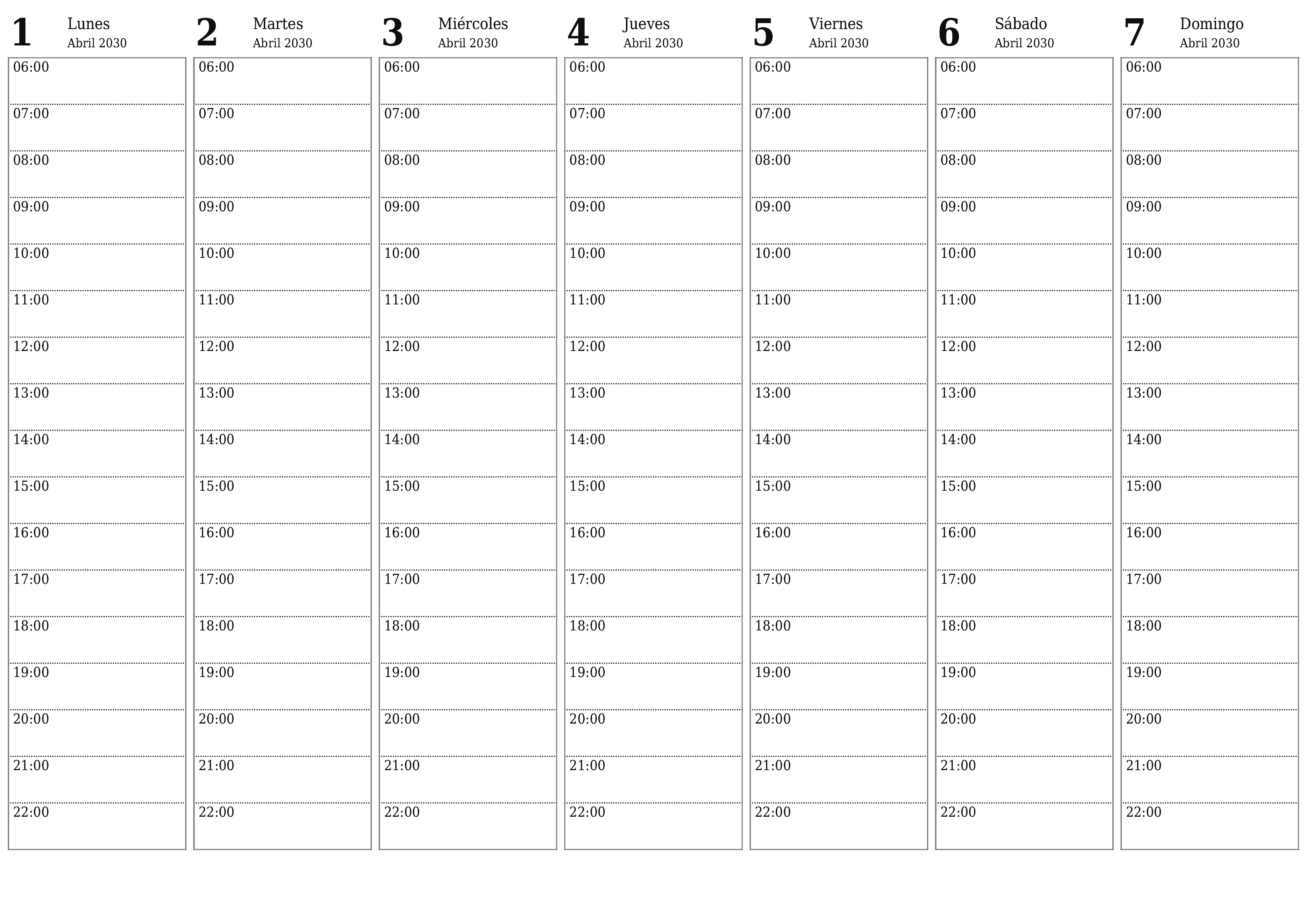  imprimible de pared plantilla de gratishorizontal Semanal planificador calendario Abril (Abr) 2030
