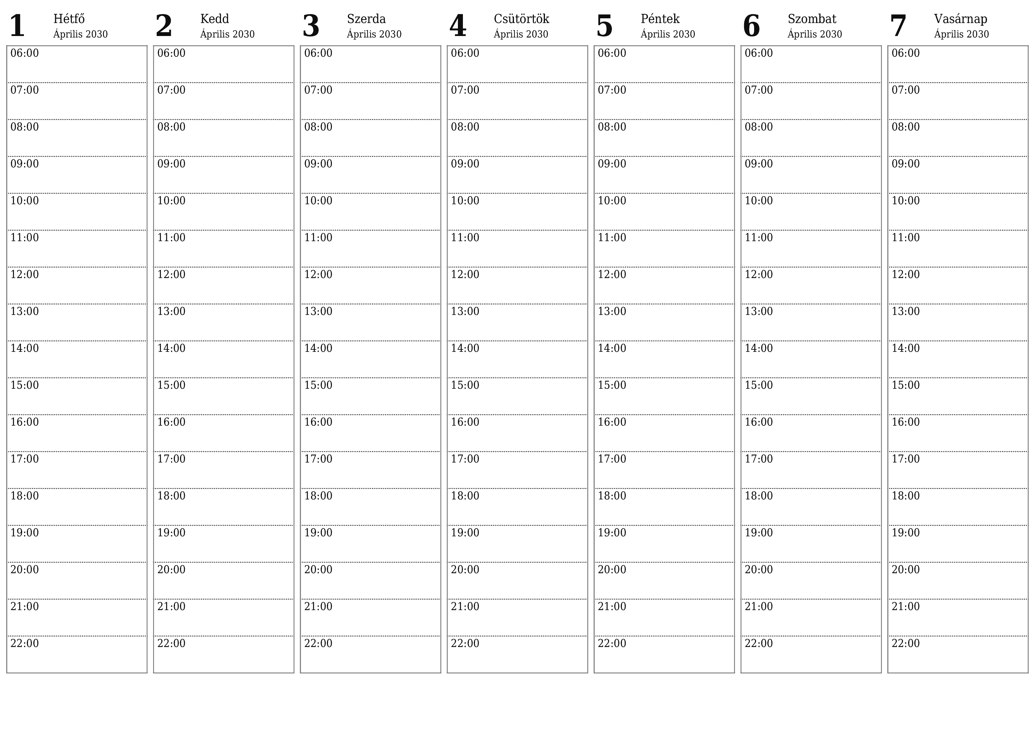 Heti tervező ürítése hetekre Április 2030 jegyzetekkel, mentés és nyomtatás PDF-be PNG Hungarian