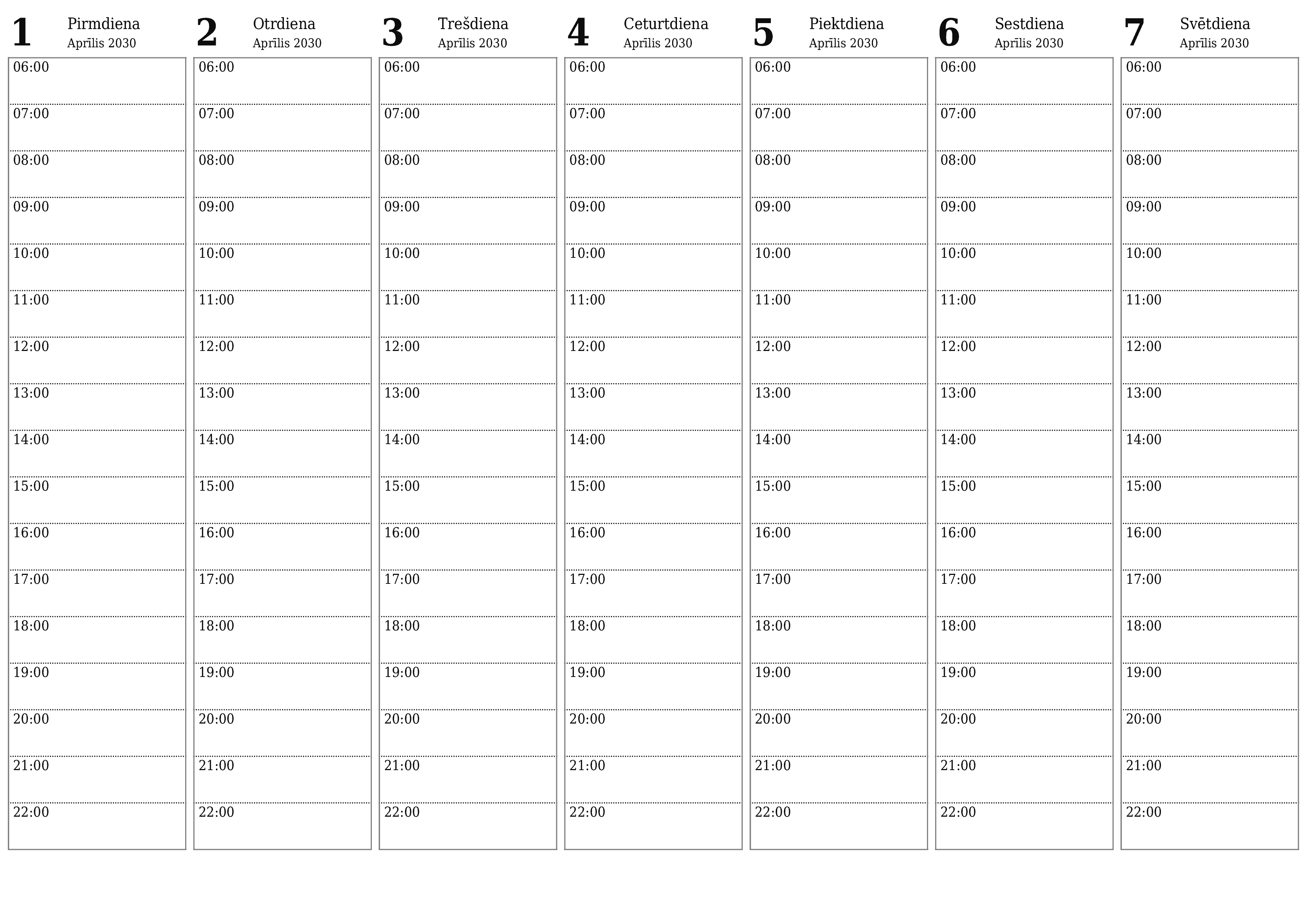 Iztukšojiet nedēļas plānotāju nedēļām Aprīlis 2030 ar piezīmēm, saglabājiet un izdrukājiet PDF formātā PNG Latvian