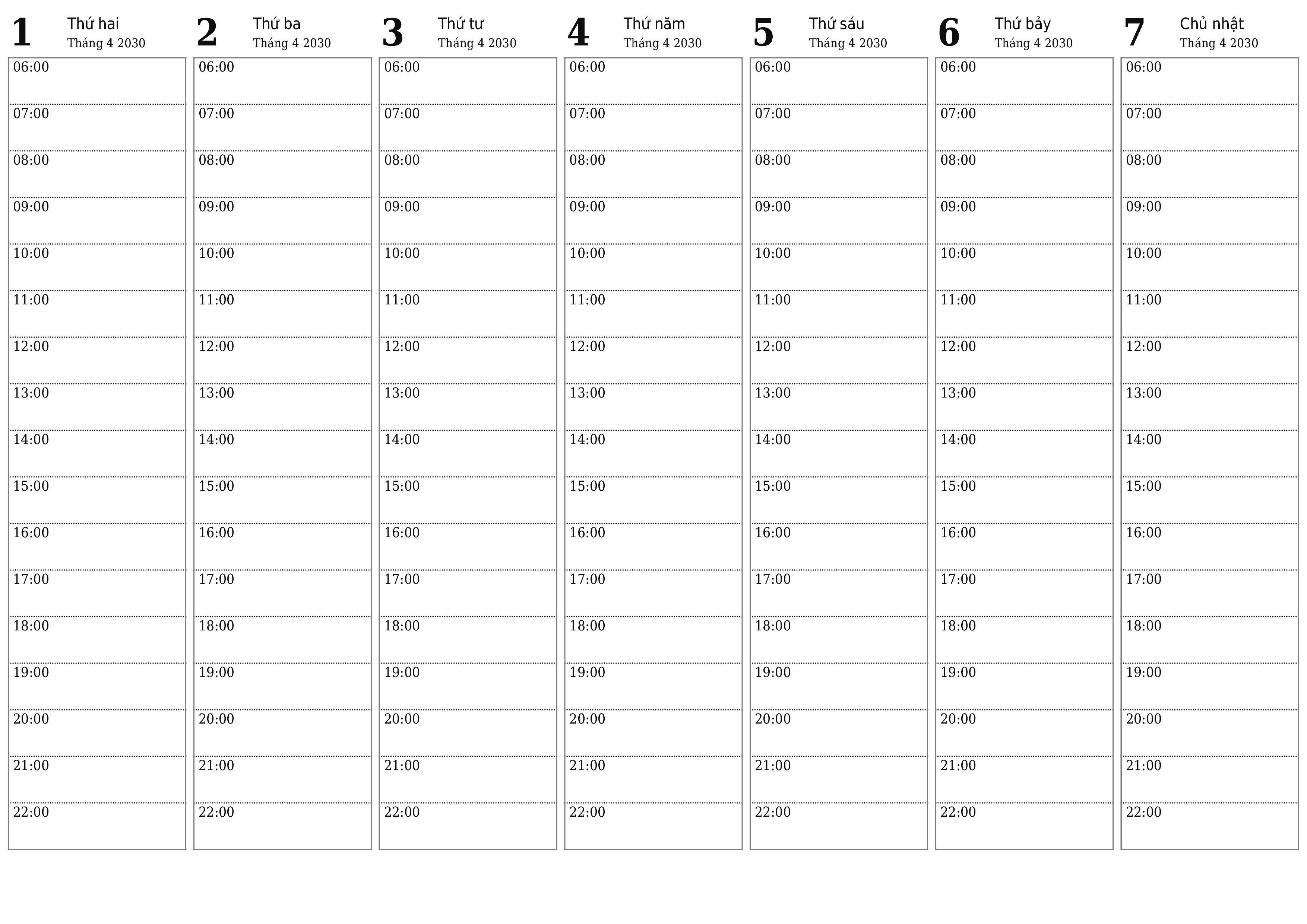 Công cụ lập kế hoạch hàng tuần trống trong tuần Tháng 4 2030 có ghi chú, lưu và in sang PDF PNG Vietnamese