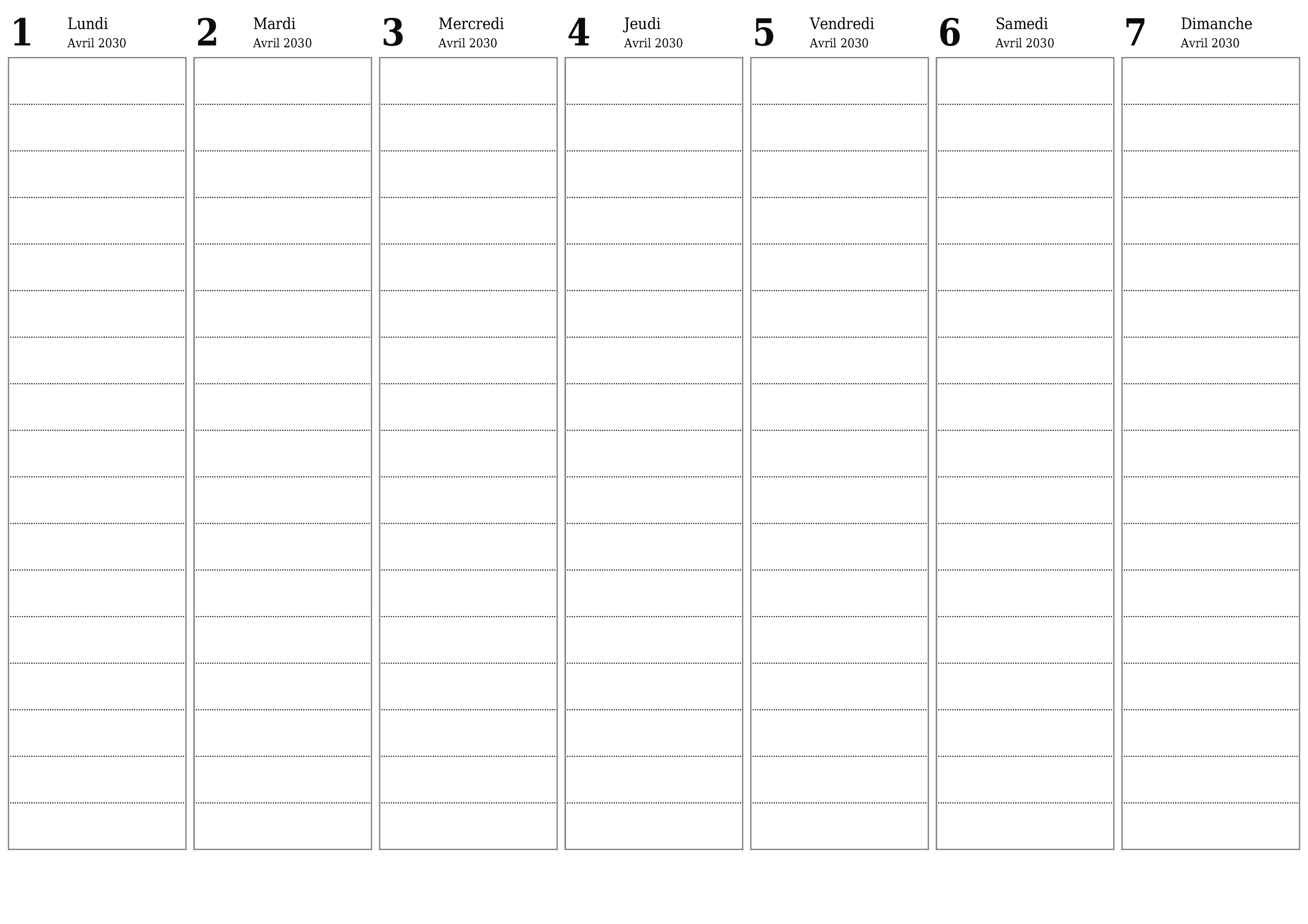 Agenda hebdomadaire vide pendant des semaines Avril 2030 avec notes, enregistrez et imprimez au format PDF PNG French