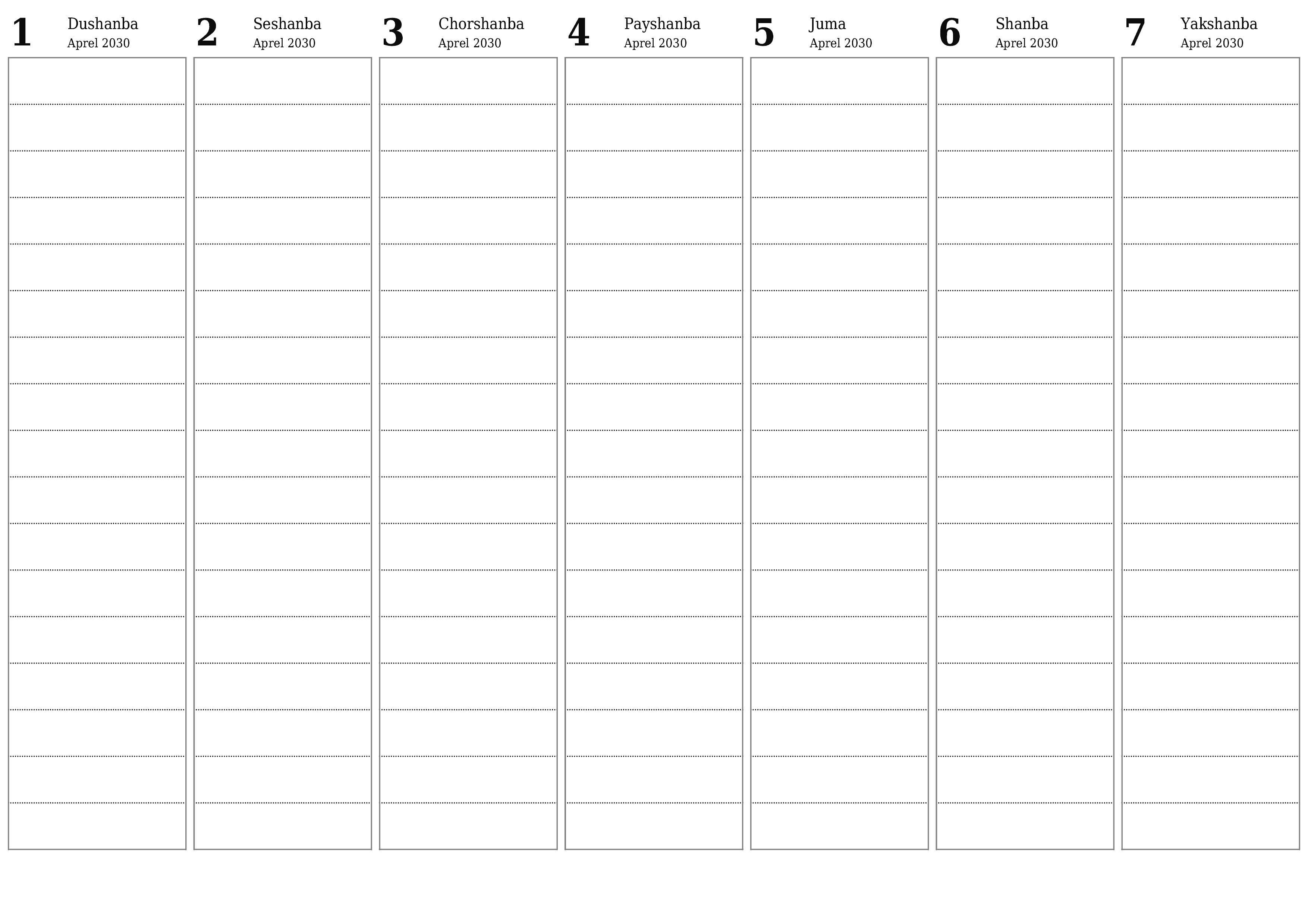 Haftalik rejalashtiruvchi Aprel 2030 haftalar uchun yozuvlar bilan bo'shatib, saqlang va PDF-ga chop eting PNG Uzbek