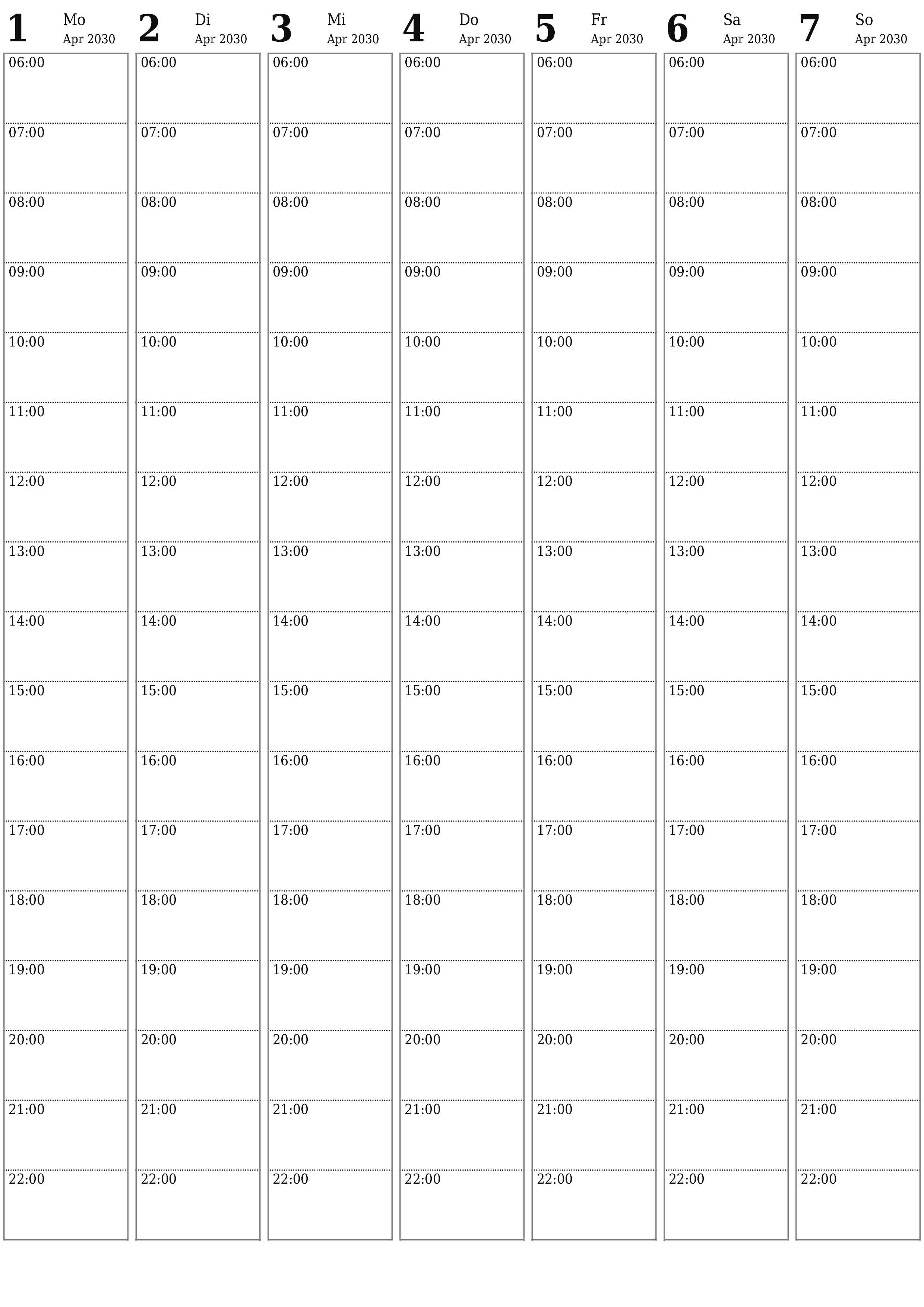 Wochenplaner für Wochen April 2030 mit Notizen leeren, speichern und als PDF drucken PNG German