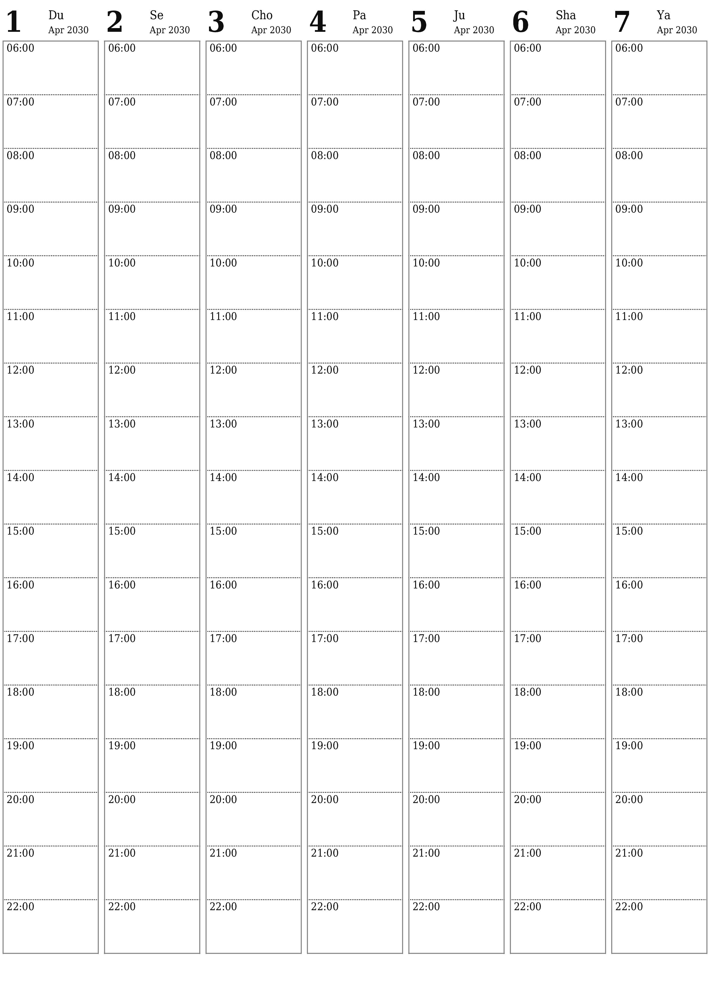 chop etiladigan devor taqvimi shabloni bepul vertikal Haftalik rejalashtiruvchi kalendar Aprel (Apr) 2030