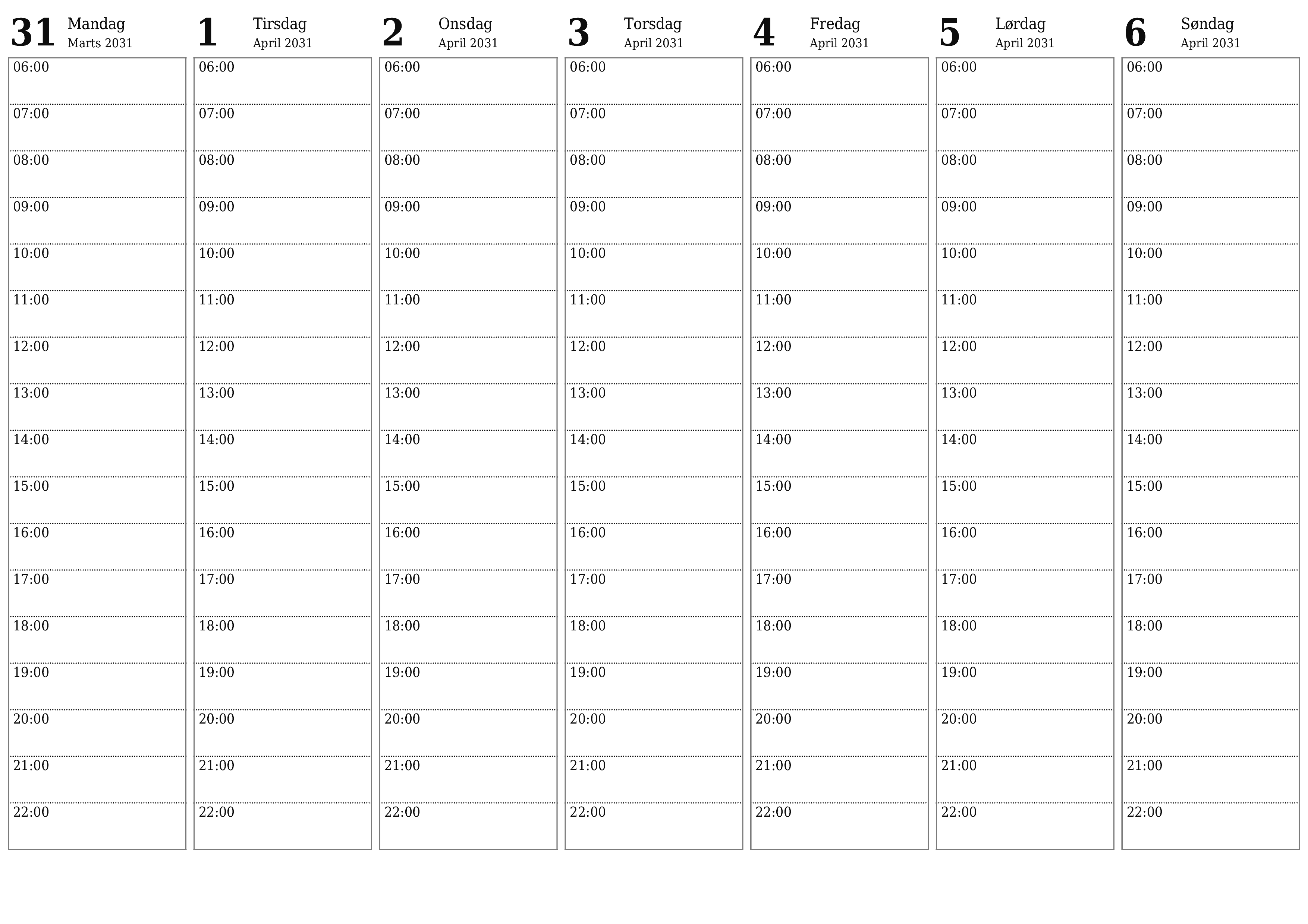 udskrivbar væg skabelon gratis vandret Ugentligt planlægger kalender April (Apr) 2031