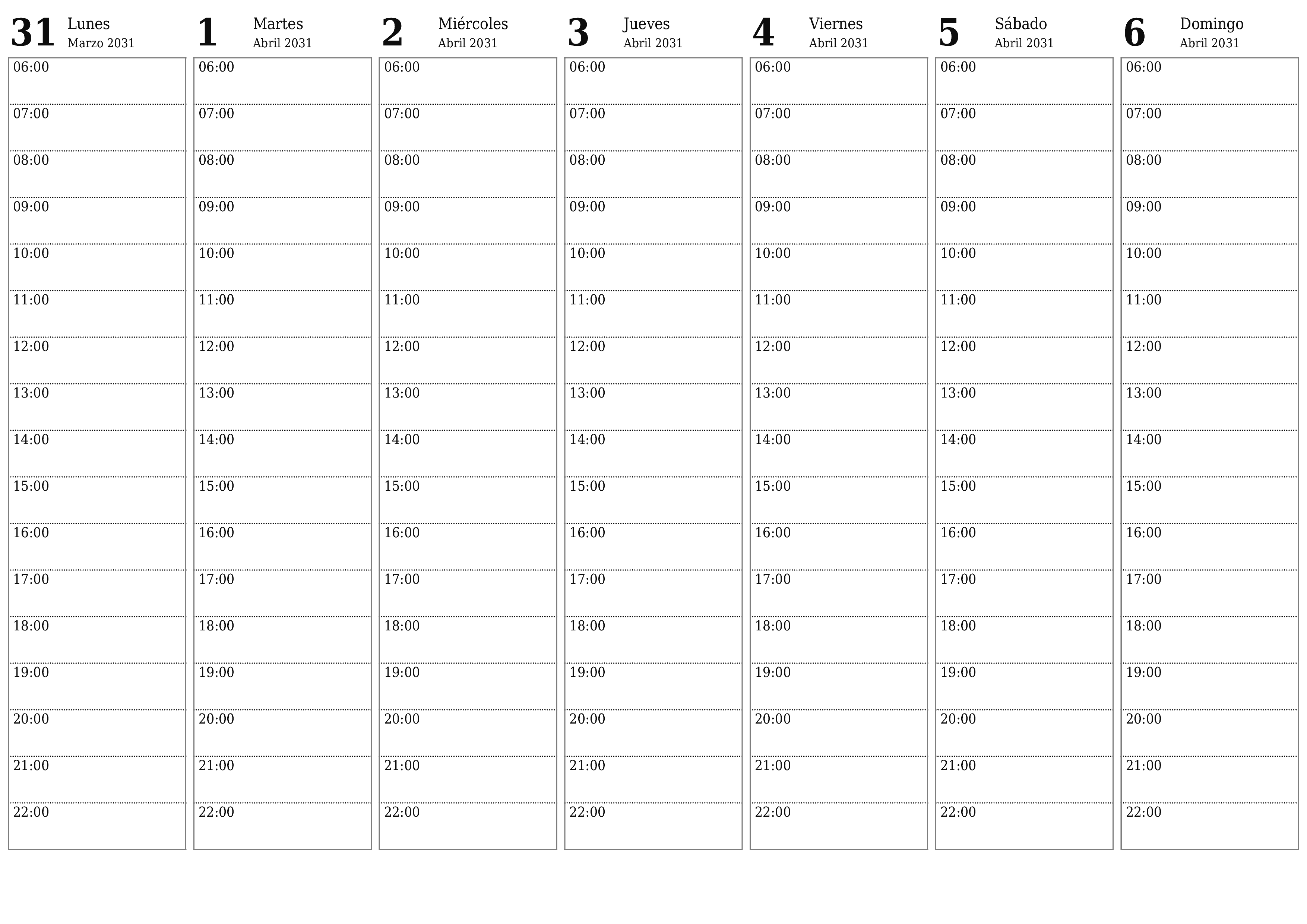 imprimible de pared plantilla de gratishorizontal Semanal planificador calendario Abril (Abr) 2031
