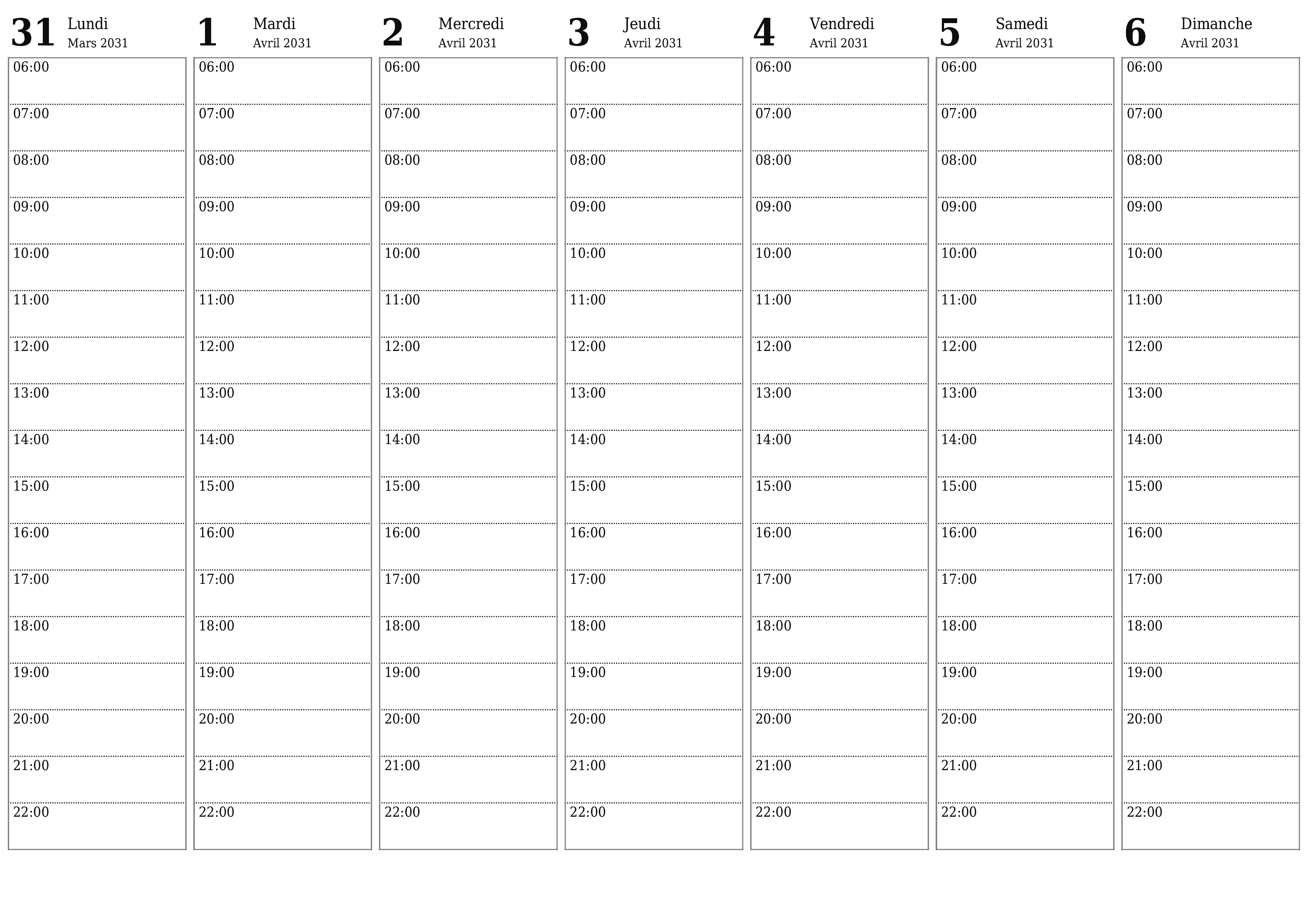 Agenda hebdomadaire vide pendant des semaines Avril 2031 avec notes, enregistrez et imprimez au format PDF PNG French