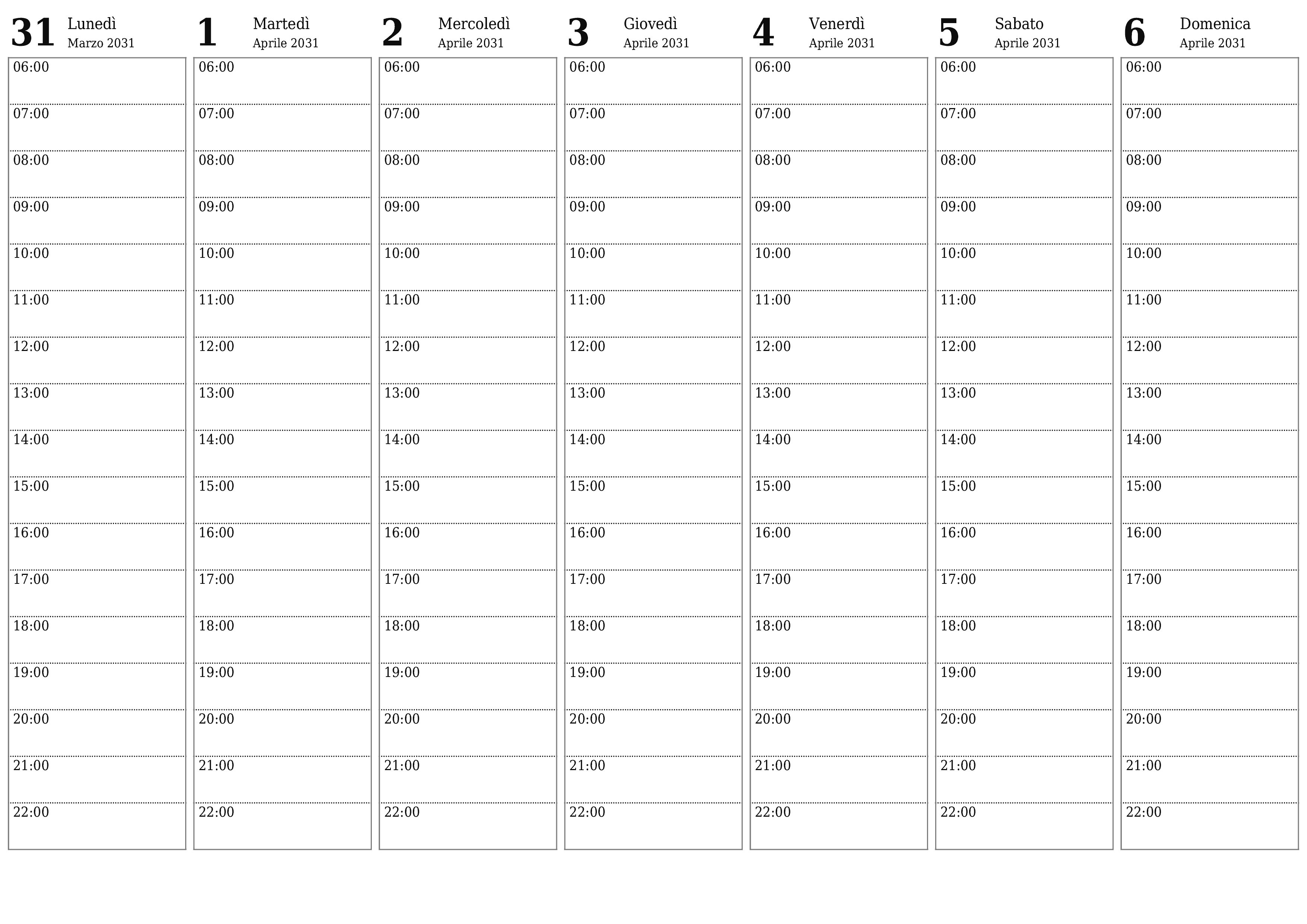  stampabile da parete modello di gratuitoorizzontale Settimanale pianificatore calendario Aprile (Apr) 2031